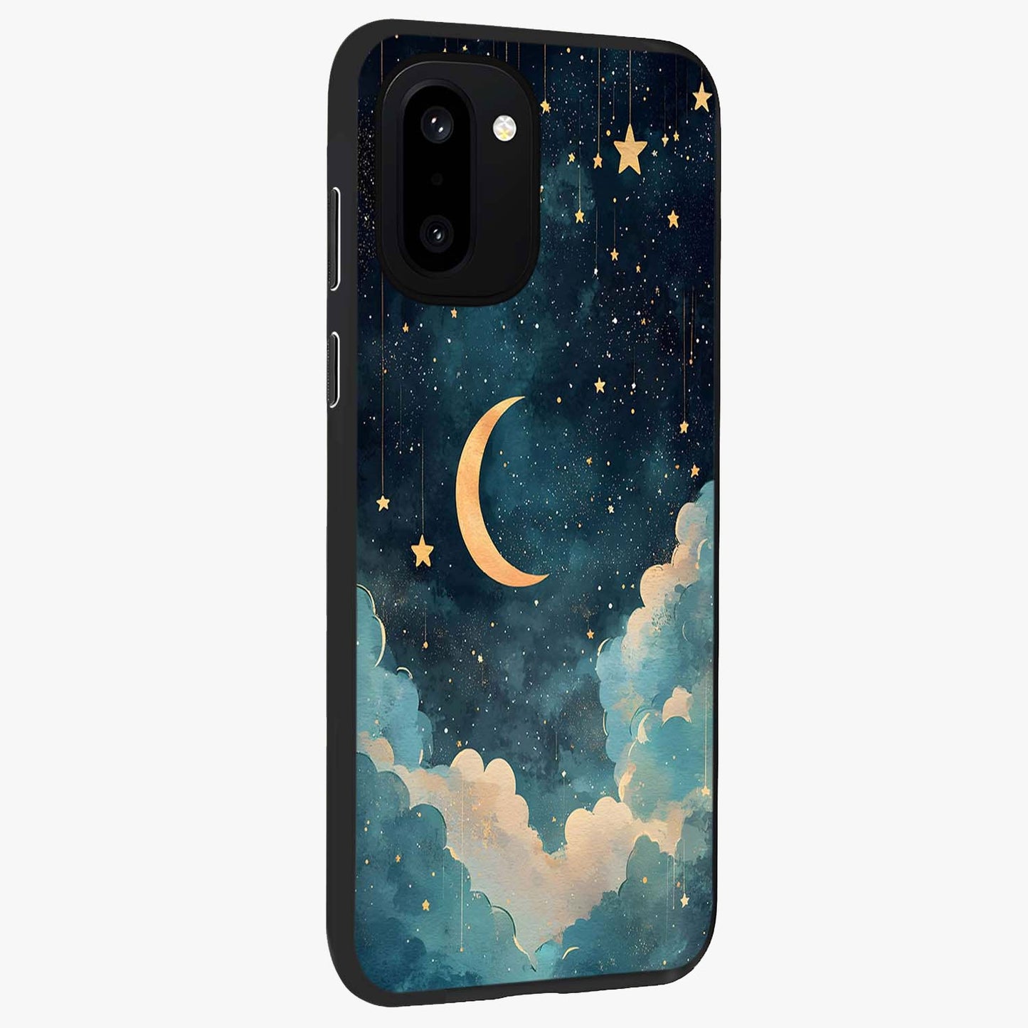 Crescent Galaxy Moon Glass Case for 1+15R side perspective highlighting luminous moon details and premium build