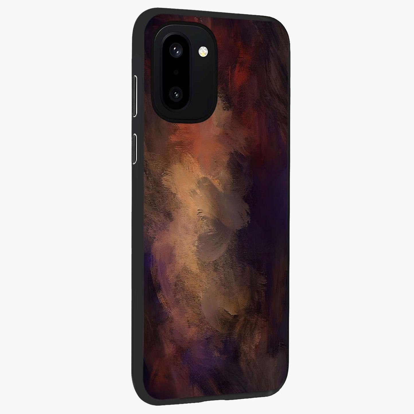 Crimson Dusk Whirl Glass Case for 1+15R side perspective highlighting fluid red textures and sleek build