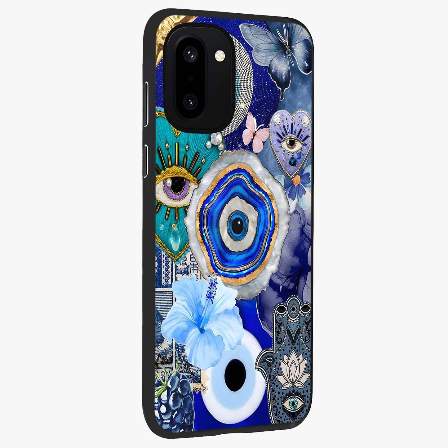 Crimson Evil Eye Charm Glass Case for 1+15R side perspective highlighting intricate charm design and smooth edges