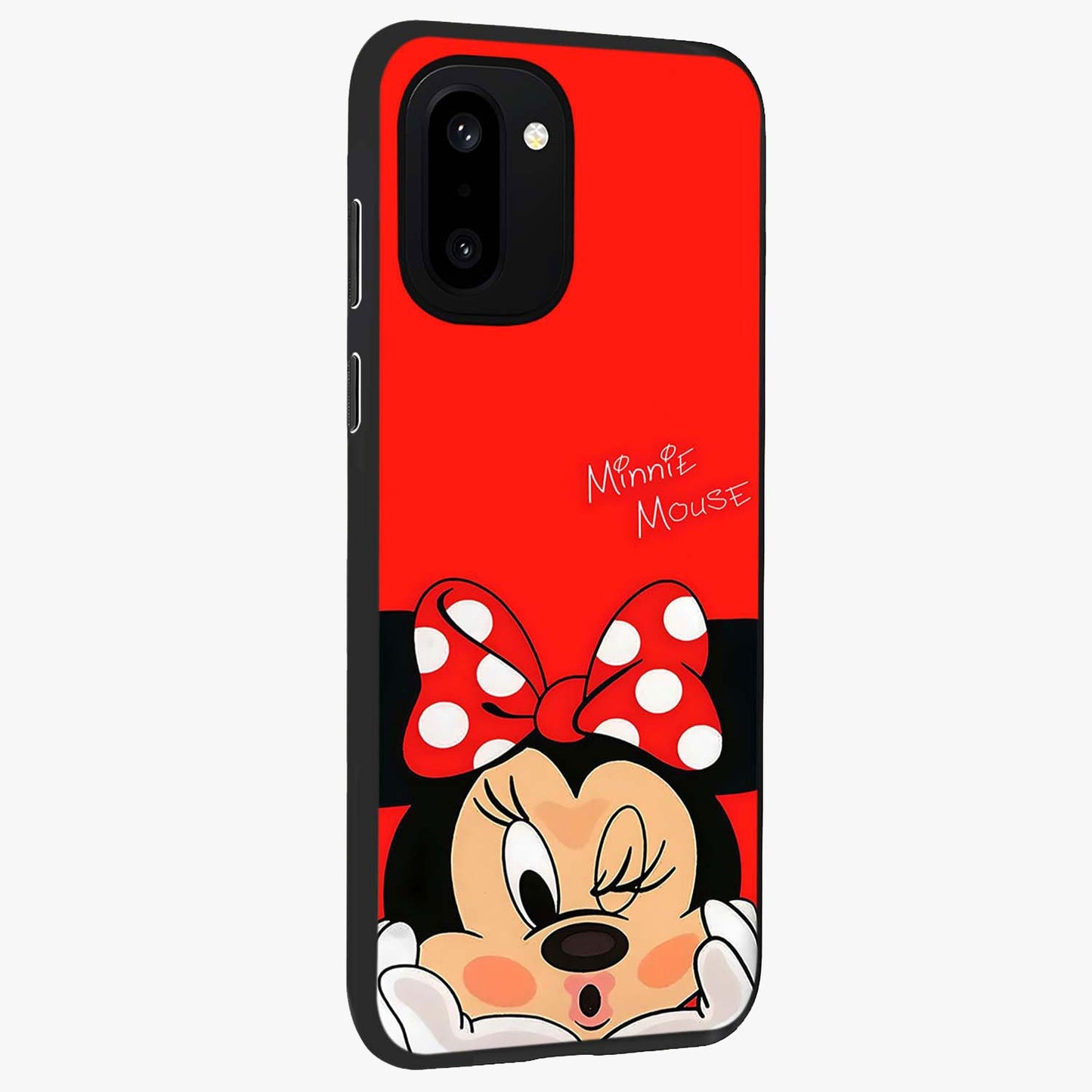 Cute Minnie Love Glass Case for 1+15R side perspective highlighting cute illustration textures and smooth premium edges