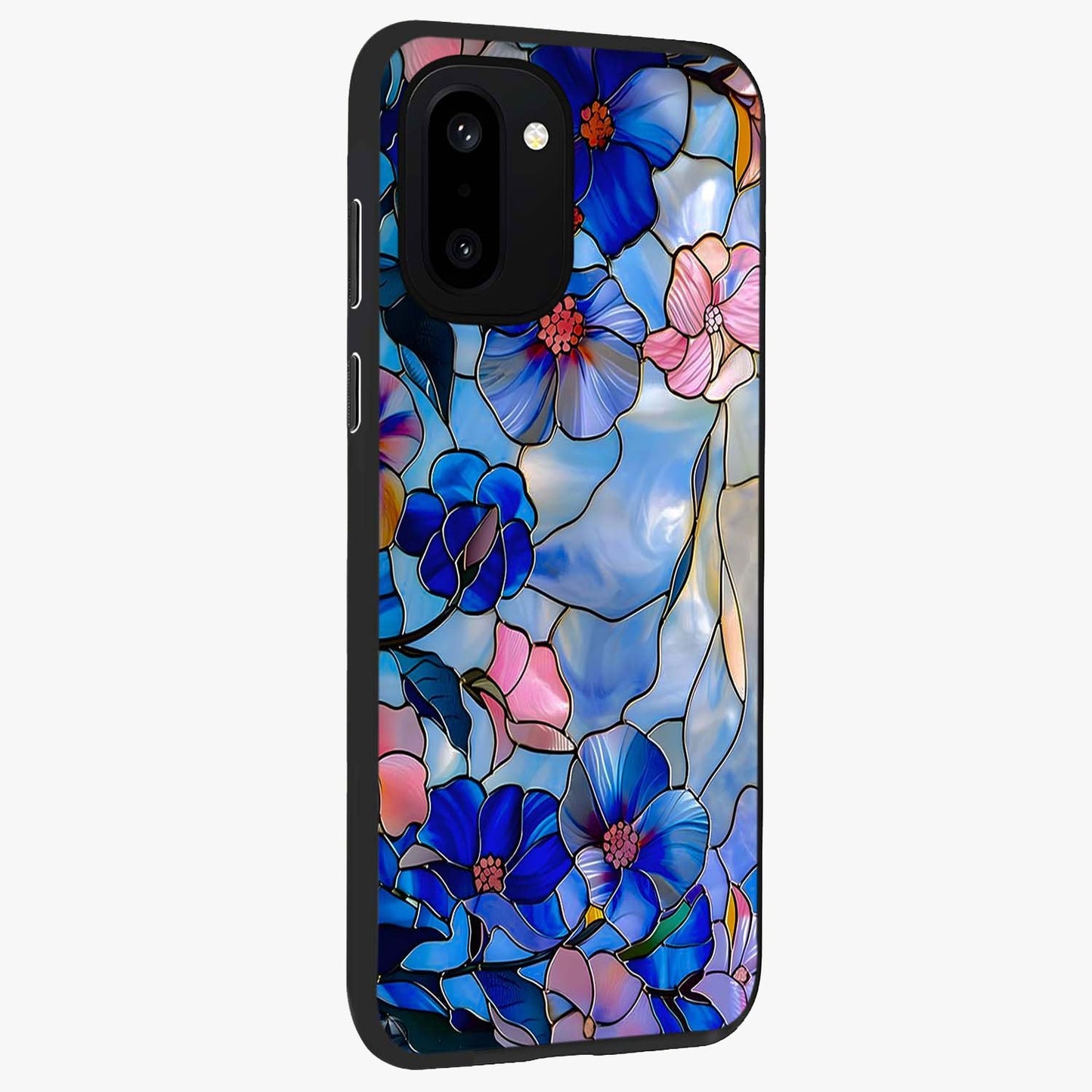 Eternal Floral Stained Glass Case for 1+15R side perspective highlighting colorful floral detailing and premium edge finish