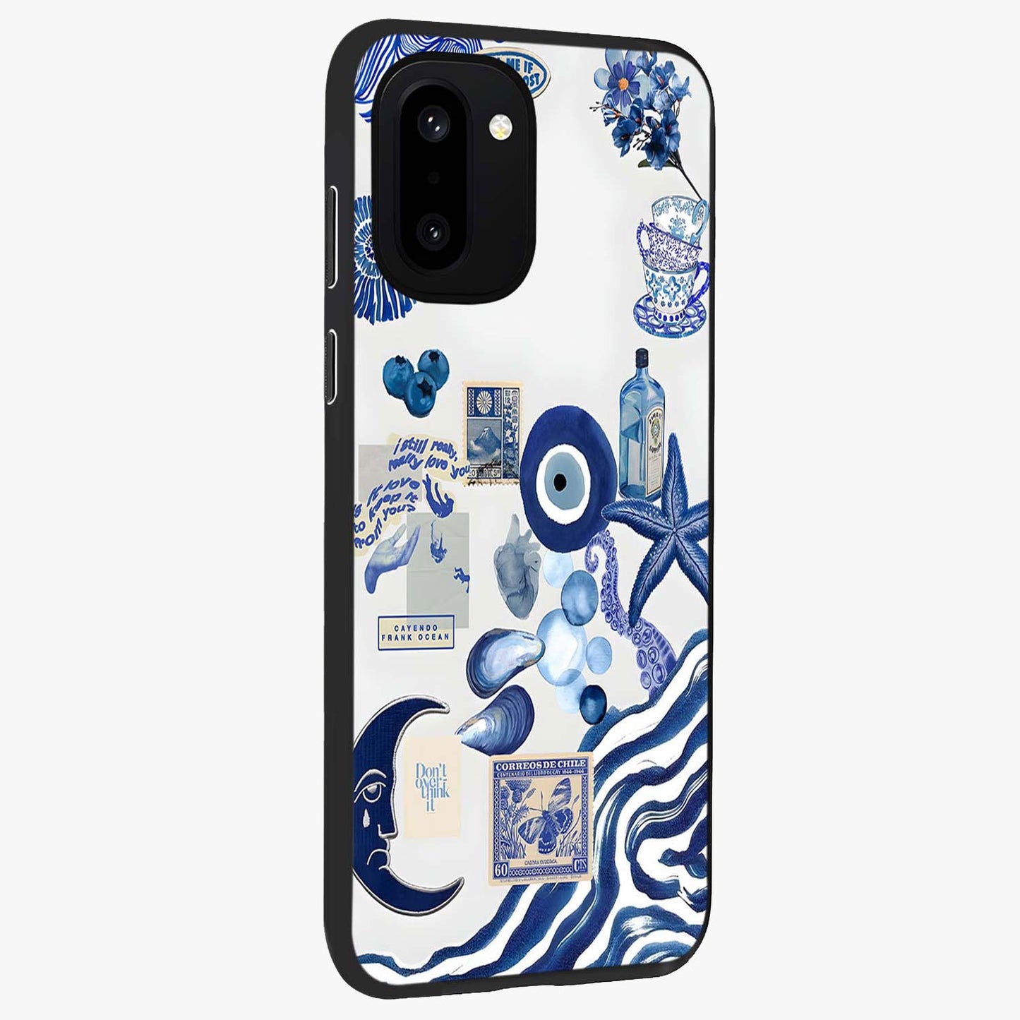 Evil Eyes Dark Blue Glass Case for 1+15R side perspective highlighting intense blue detailing and premium build