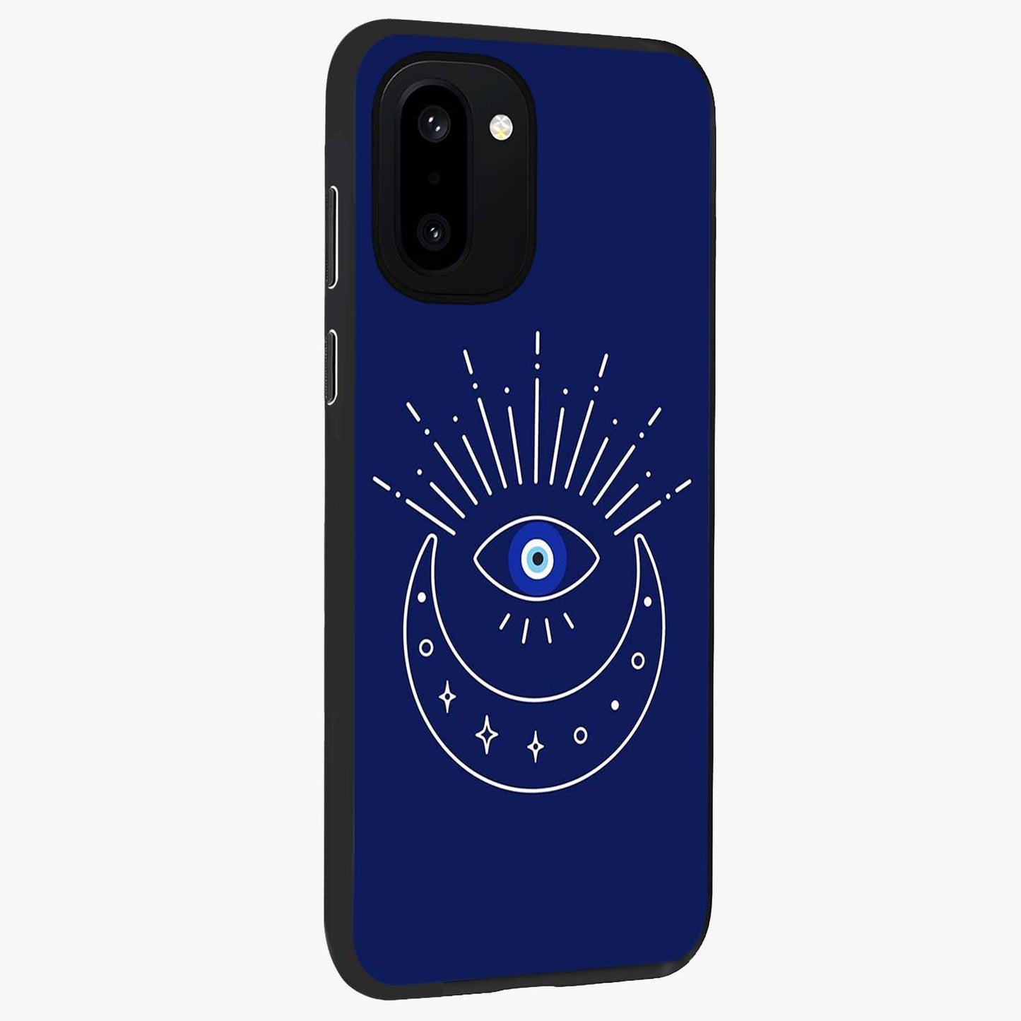 Evil Eye With Blue Themed Collage Glass Case for 1+15R side perspective highlighting bold collage detailing and smooth edges