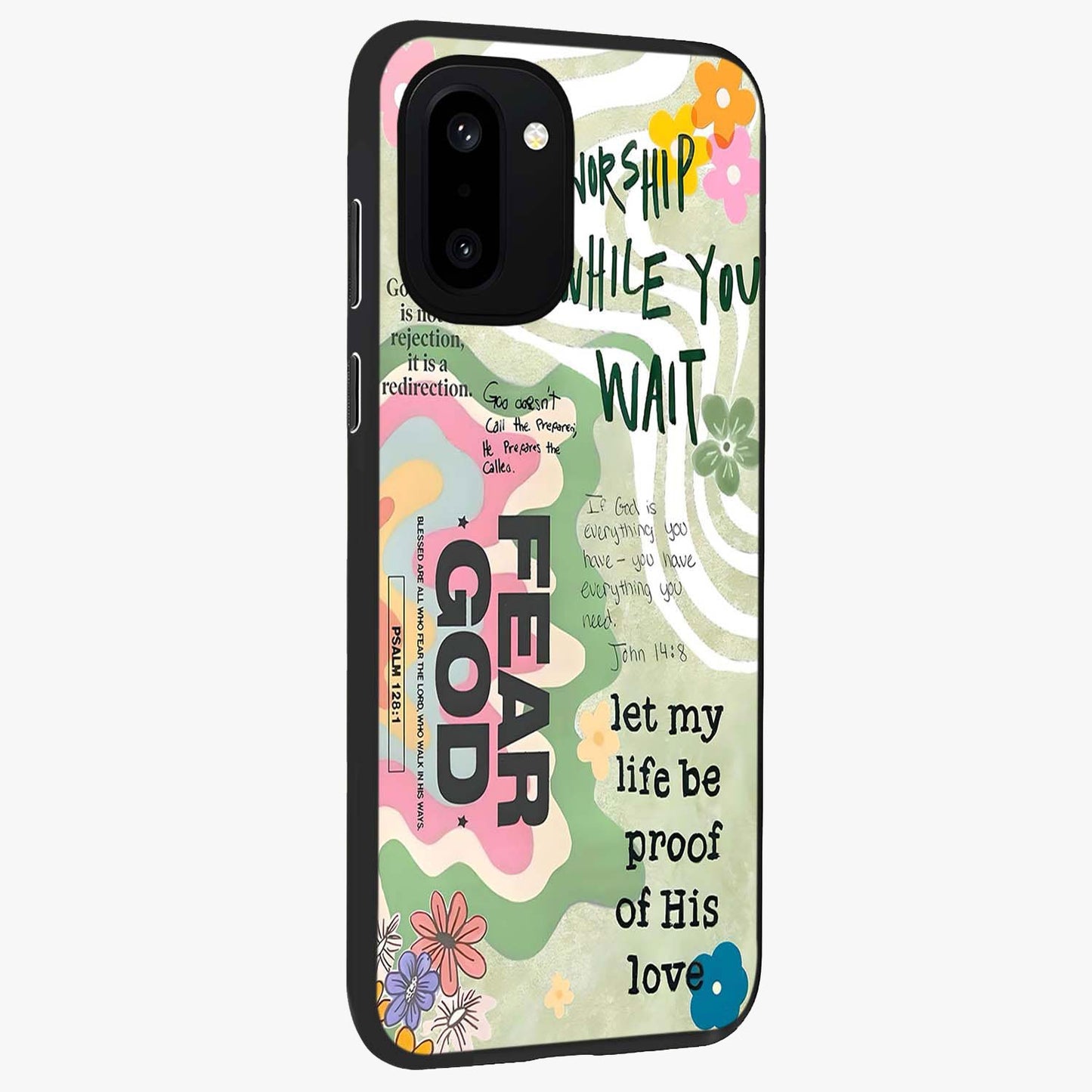 Faith Over Fear Glass Case for 1+15R side perspective highlighting powerful text detailing and premium edges