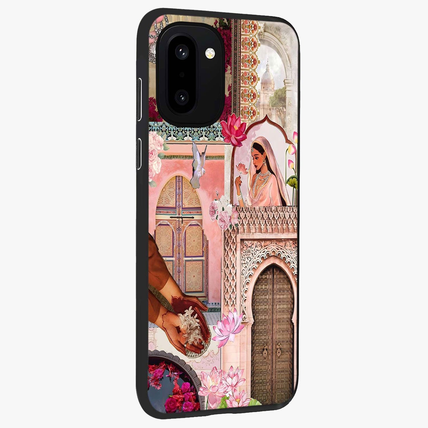 Floral Courtyard Muse Glass Case for 1+15R side perspective highlighting refined floral textures and smooth build