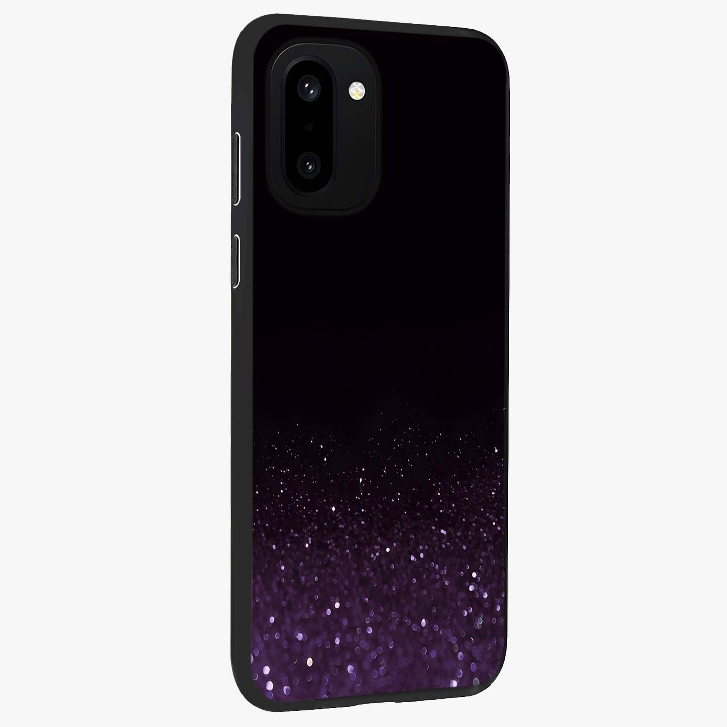 Glittery Purple Bokeh Glass Case for 1+15R side perspective highlighting glowing textures and sleek premium edges