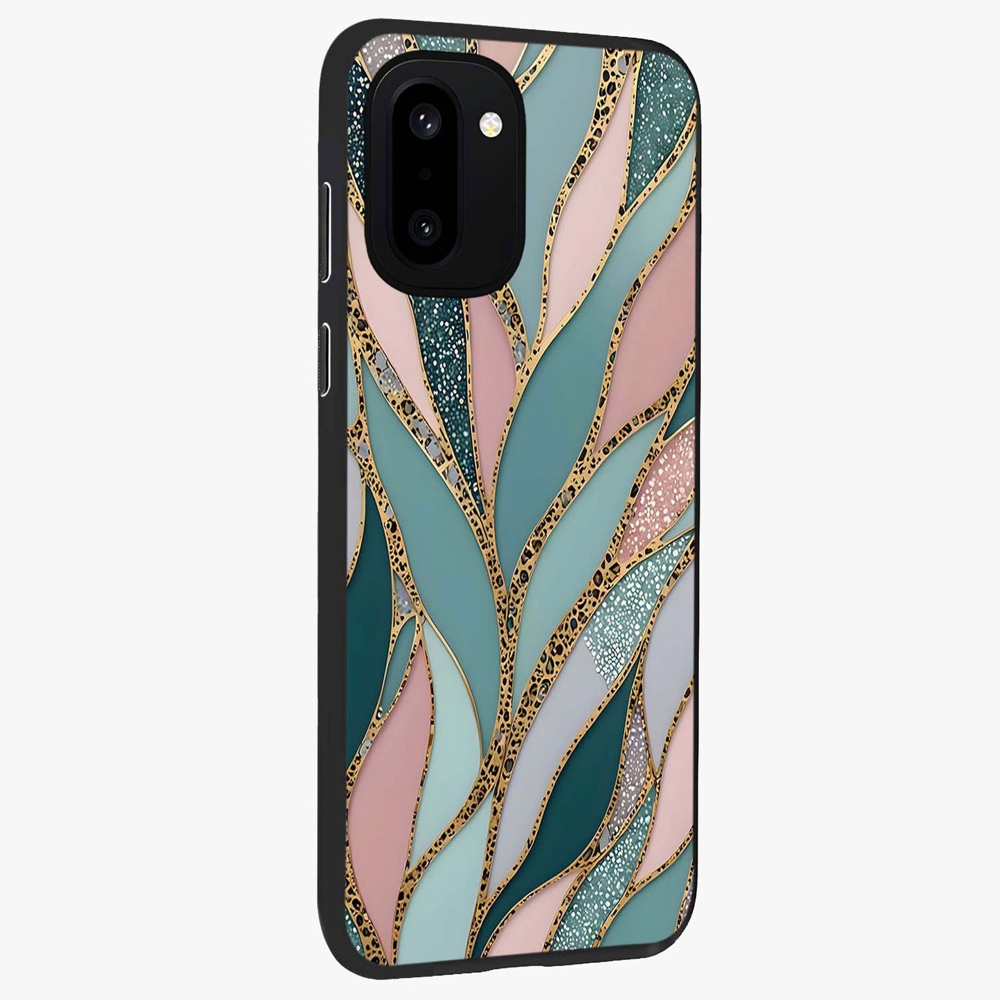 Golden Lotus Glow Glass Case for 1+15R side perspective highlighting intricate lotus detailing and premium edge finish