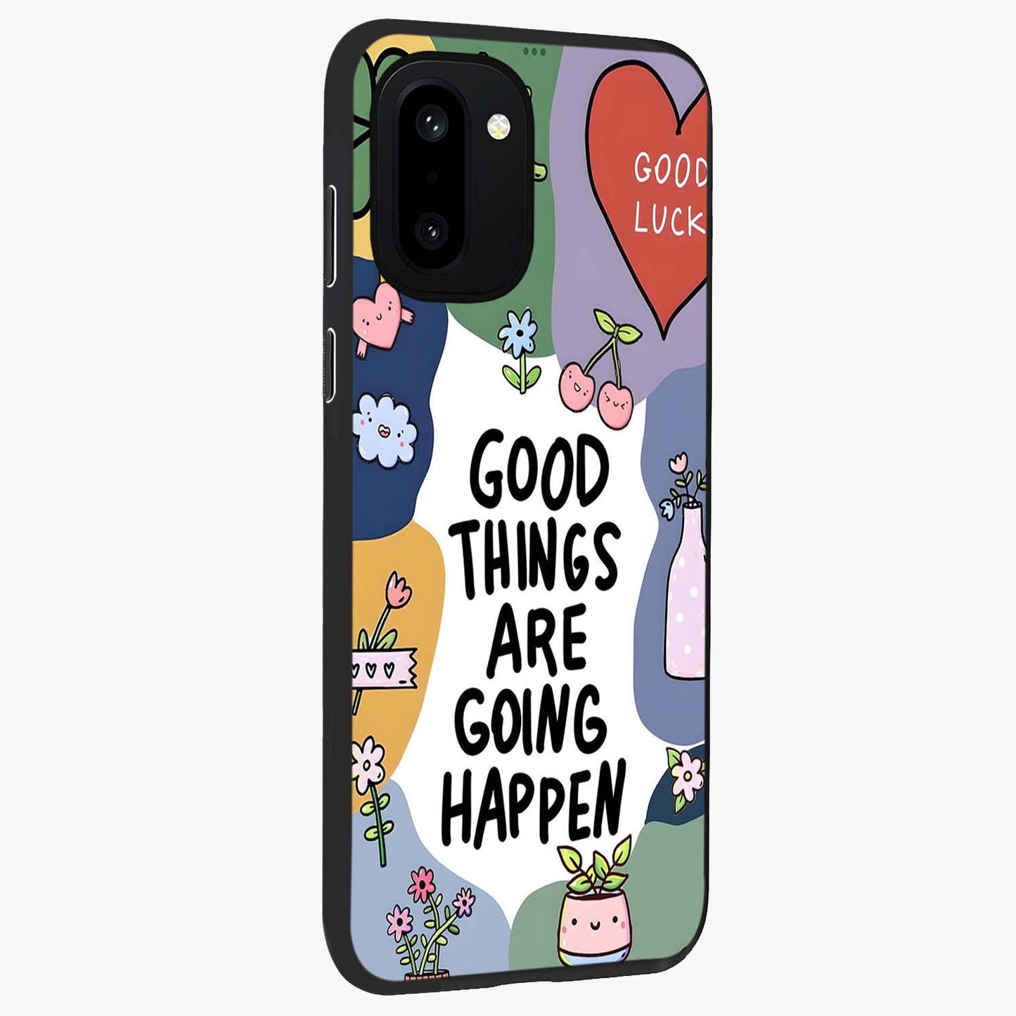 Good Thing Quote Glass Case for 1+15R side perspective highlighting bold text detailing and sleek premium build