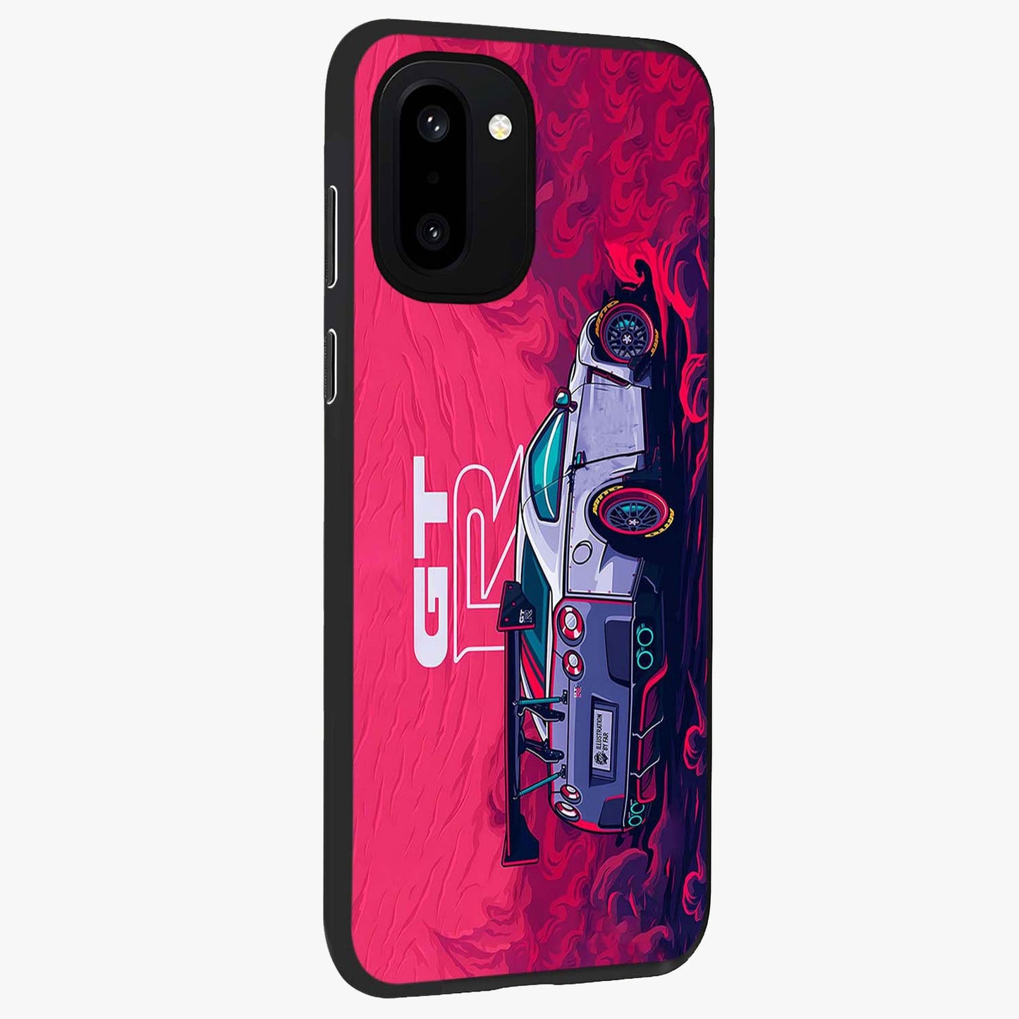 Gt R Car Pattern Glass Case for 1+15R side perspective highlighting dynamic automotive textures and sleek edges