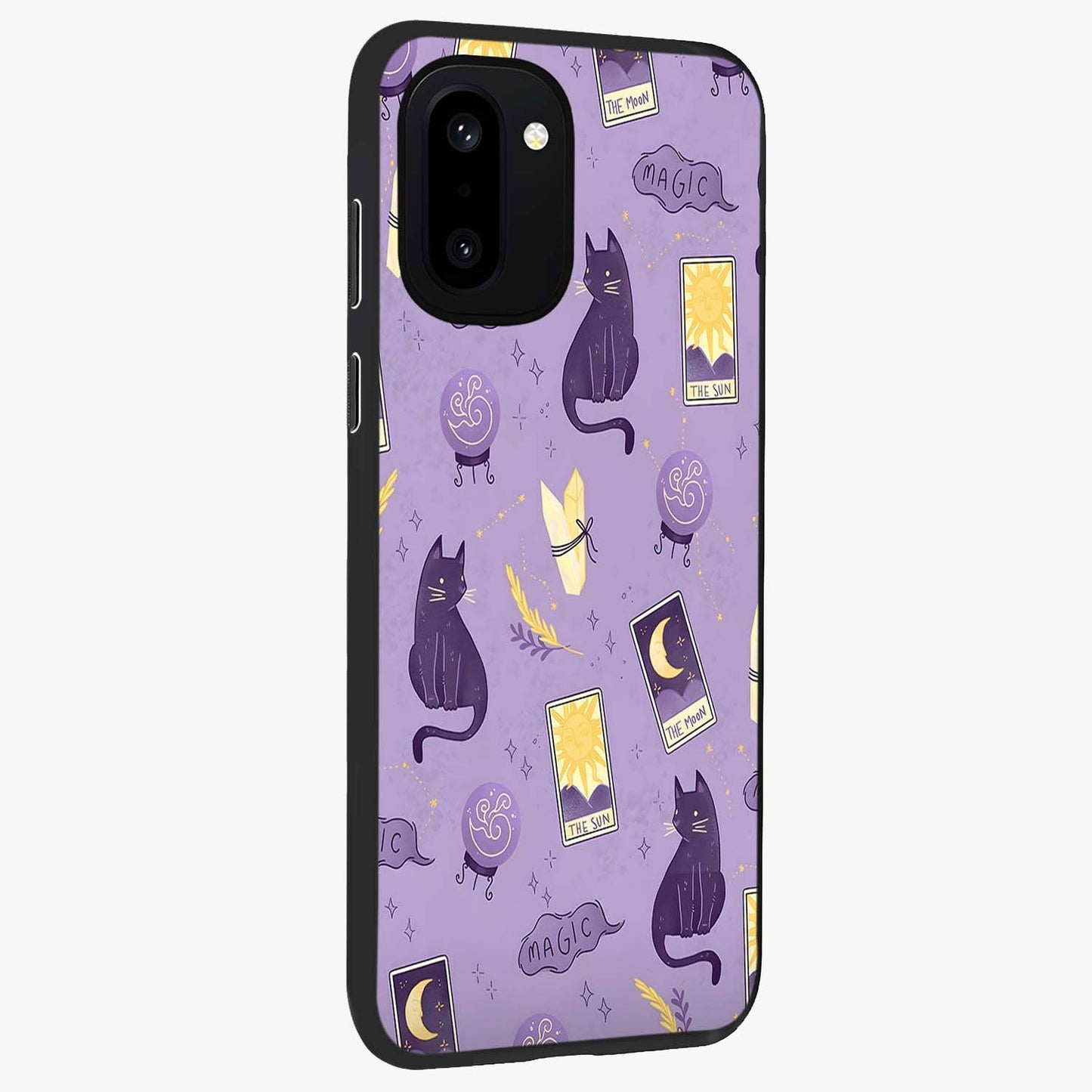 Humble Magic Cats Glass Case for 1+15R displayed upright for cute mystical visibility and premium finish.