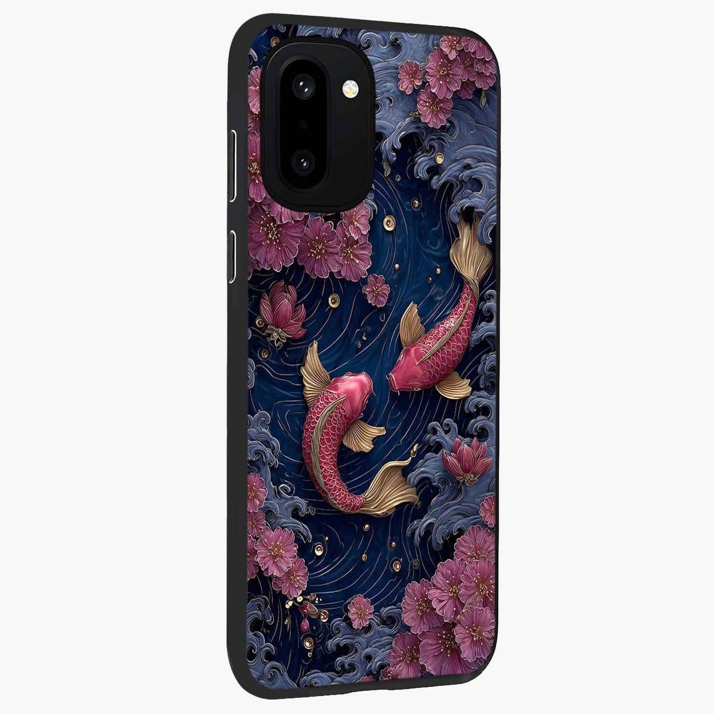 Koi Wave Dance Glass Case for 1+15R side perspective highlighting dynamic motion detailing and smooth build