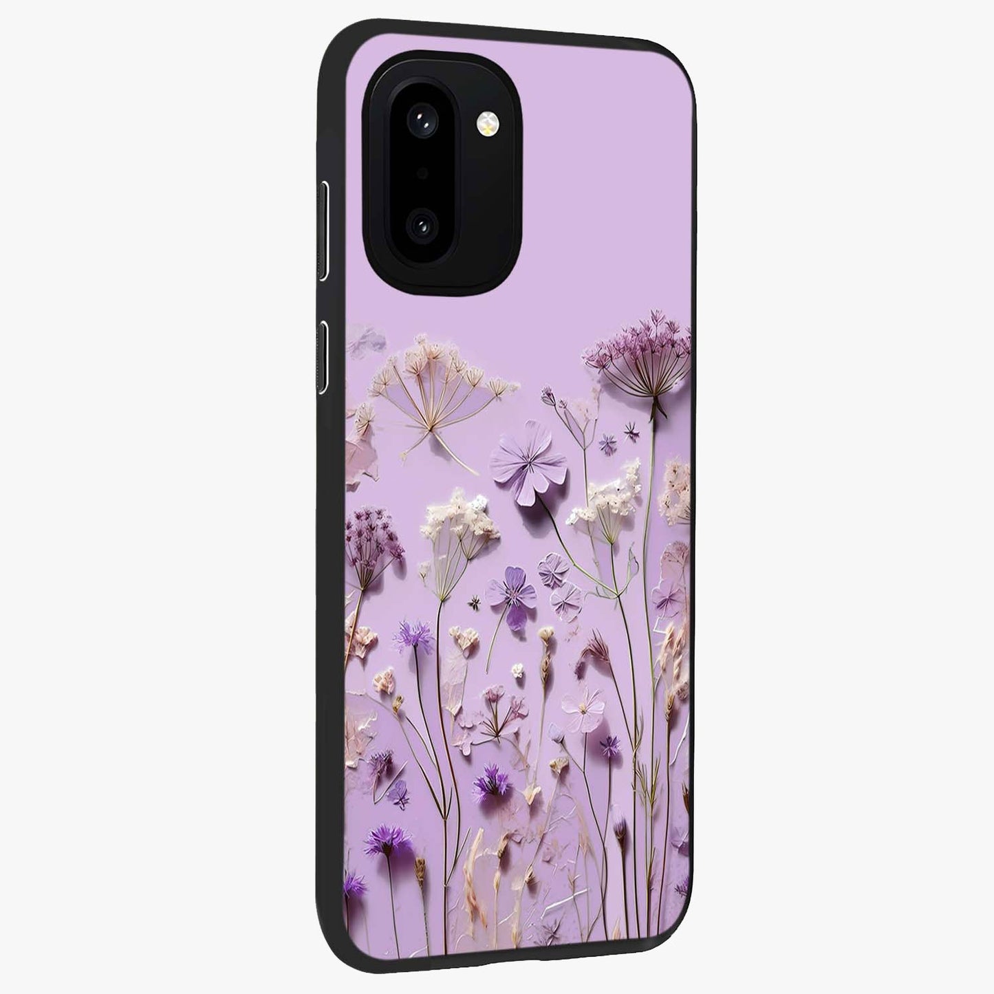 Lavender Blossom Dream Glass Case for 1+15R side perspective highlighting gentle bloom detailing and premium edges