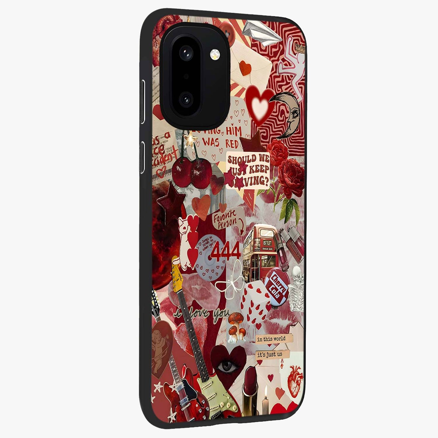 Lover’S Red Chaos Glass Case for 1+15R side perspective highlighting edgy detailing and premium build