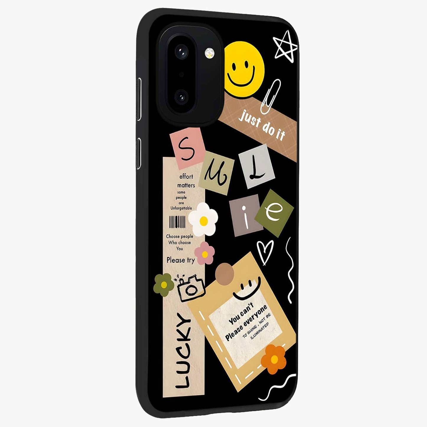 Lucky Aesthetic Collage Case Glass Case for 1+15R side perspective highlighting playful detailing and sleek edges