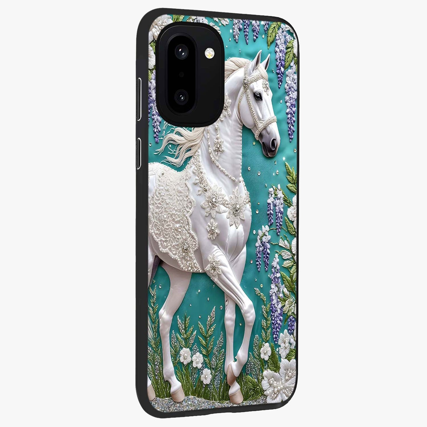 Majestic Floral Stallion Glass Case for 1+15R side perspective highlighting refined equestrian textures and premium edges