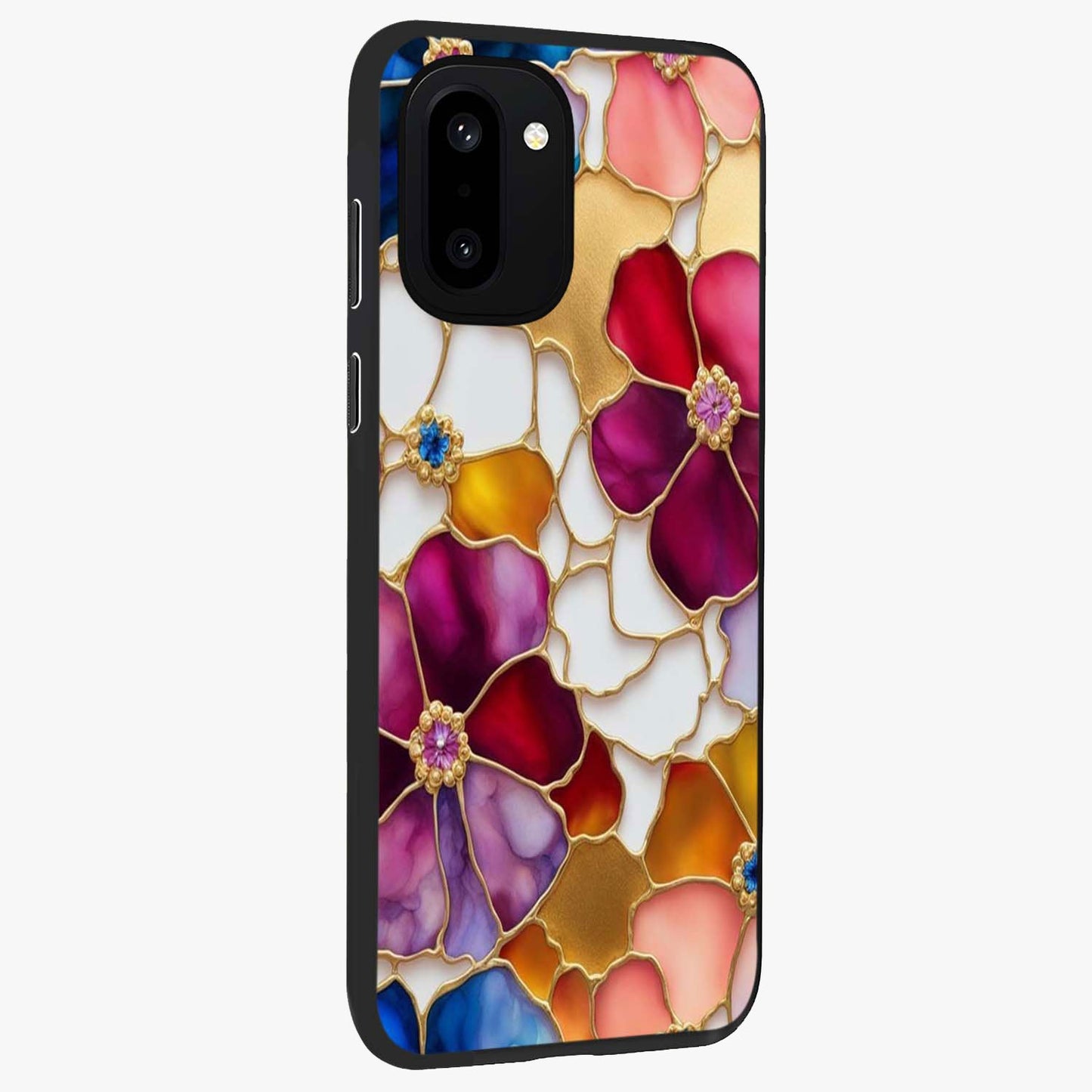 Marble Flower Pattern Glass Case for 1+15R side perspective highlighting elegant marble textures and sleek build