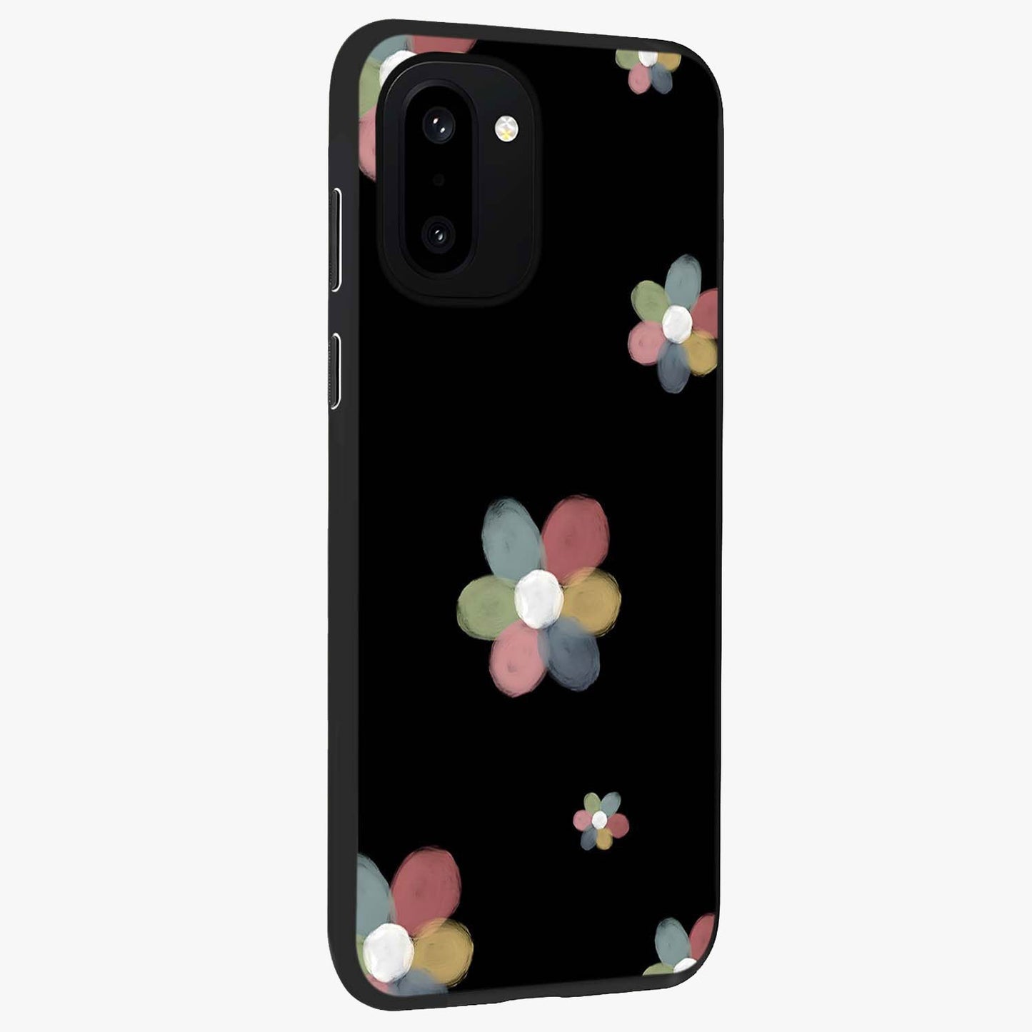 Minimal Floral Charm Glass Case for 1+15R side perspective highlighting refined minimal textures and smooth build