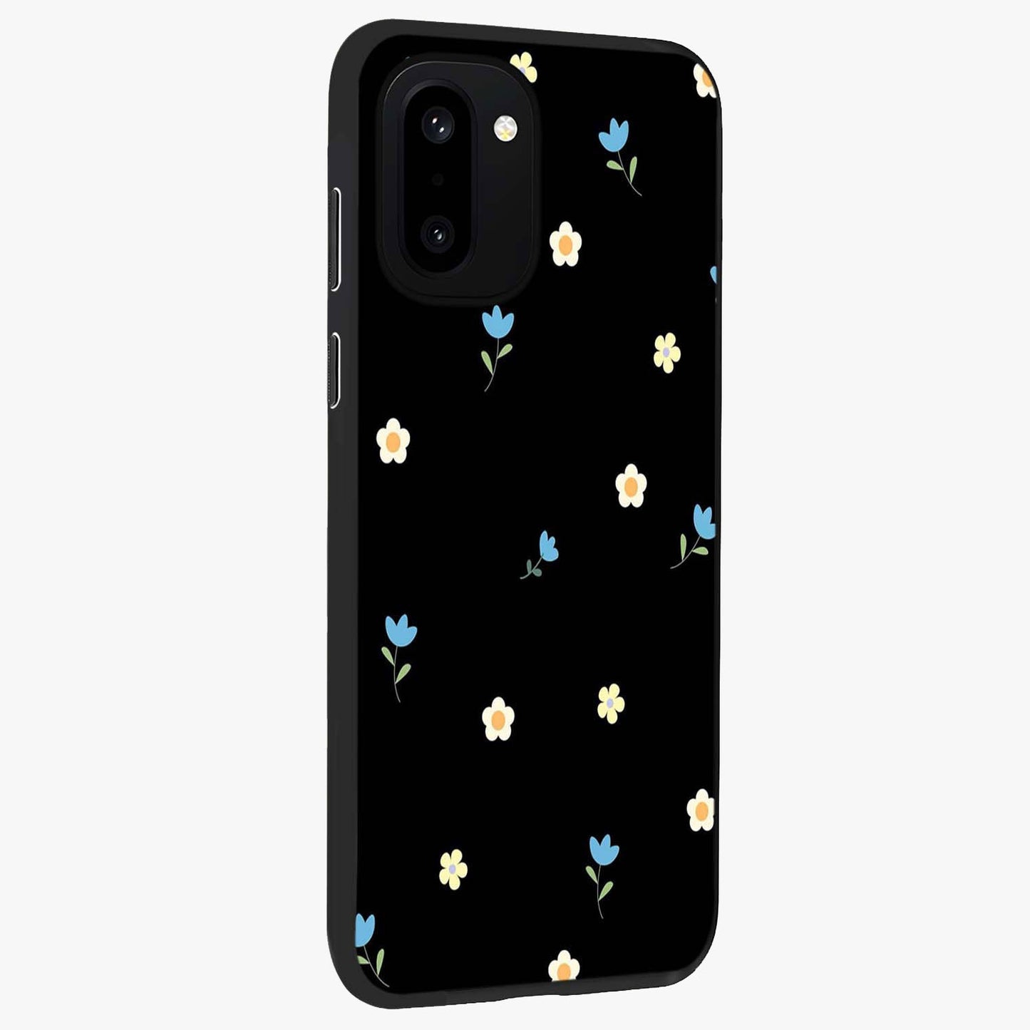 Minimalistic Blue With White Flower Pattern Glass Case for 1+15R side perspective highlighting subtle floral textures and premium edges