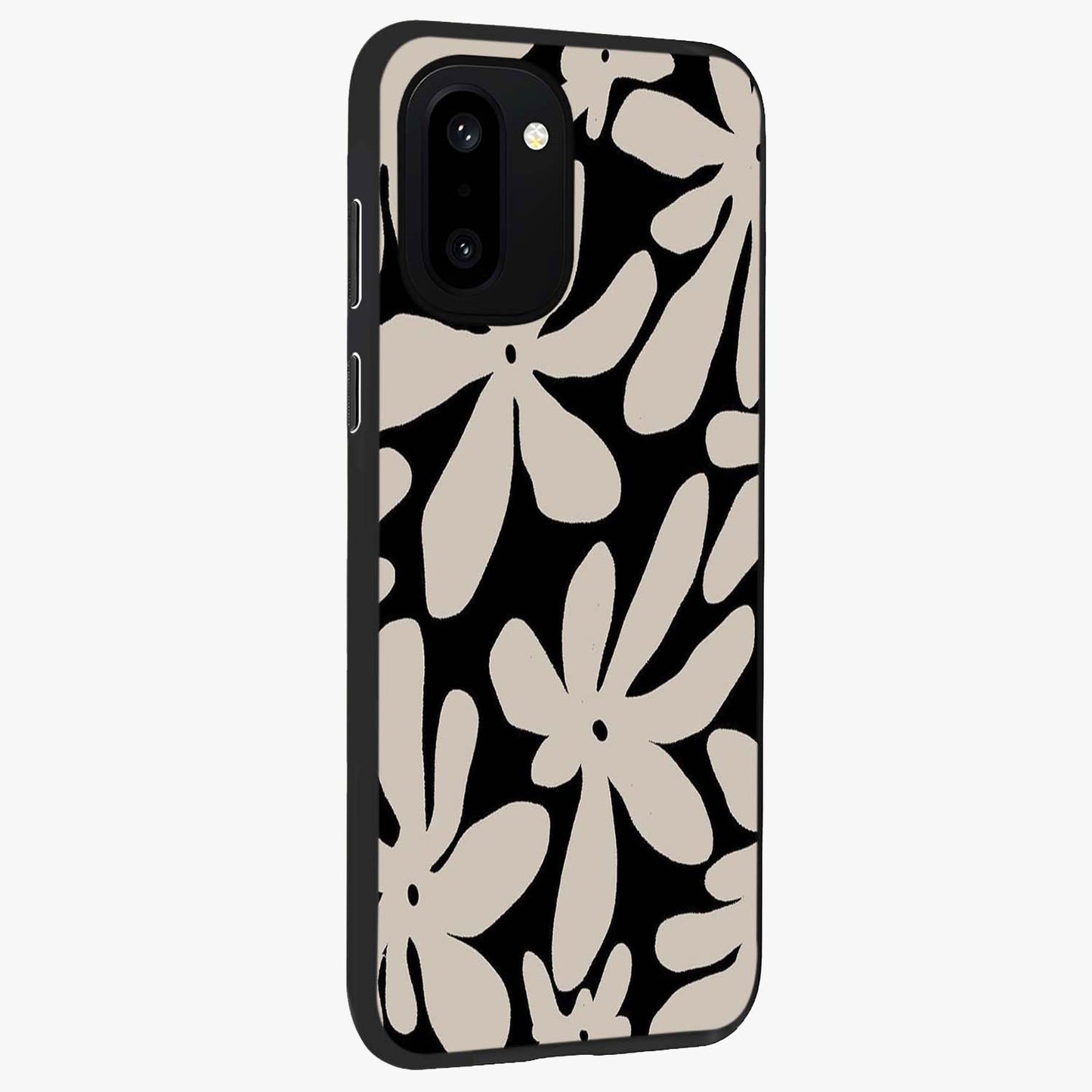 Monochrome Petal Dance Glass Case for 1+15R side perspective highlighting refined textures and premium edges