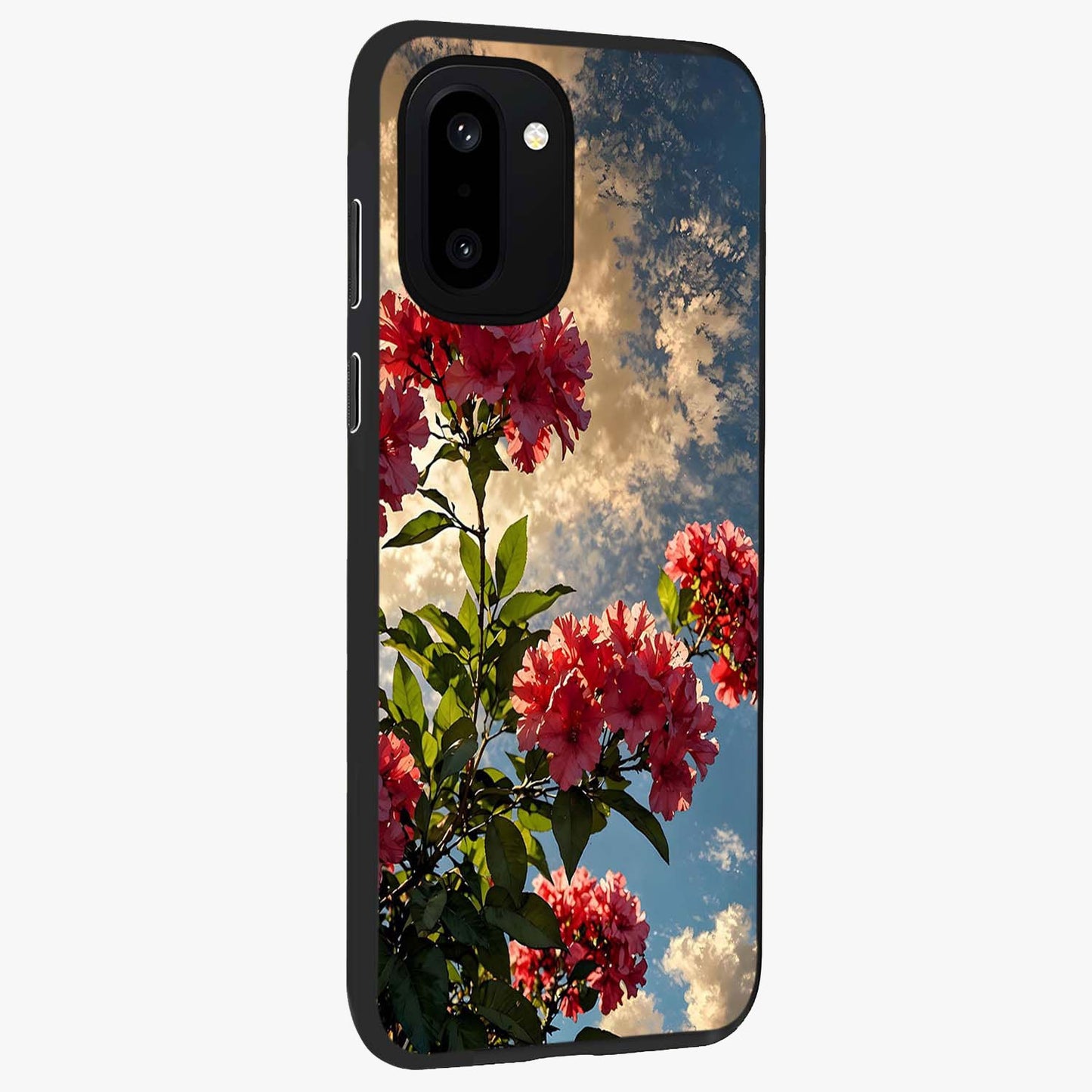 Moonlit Blossom Charm Glass Case for 1+15R side perspective highlighting refined floral textures and premium edges