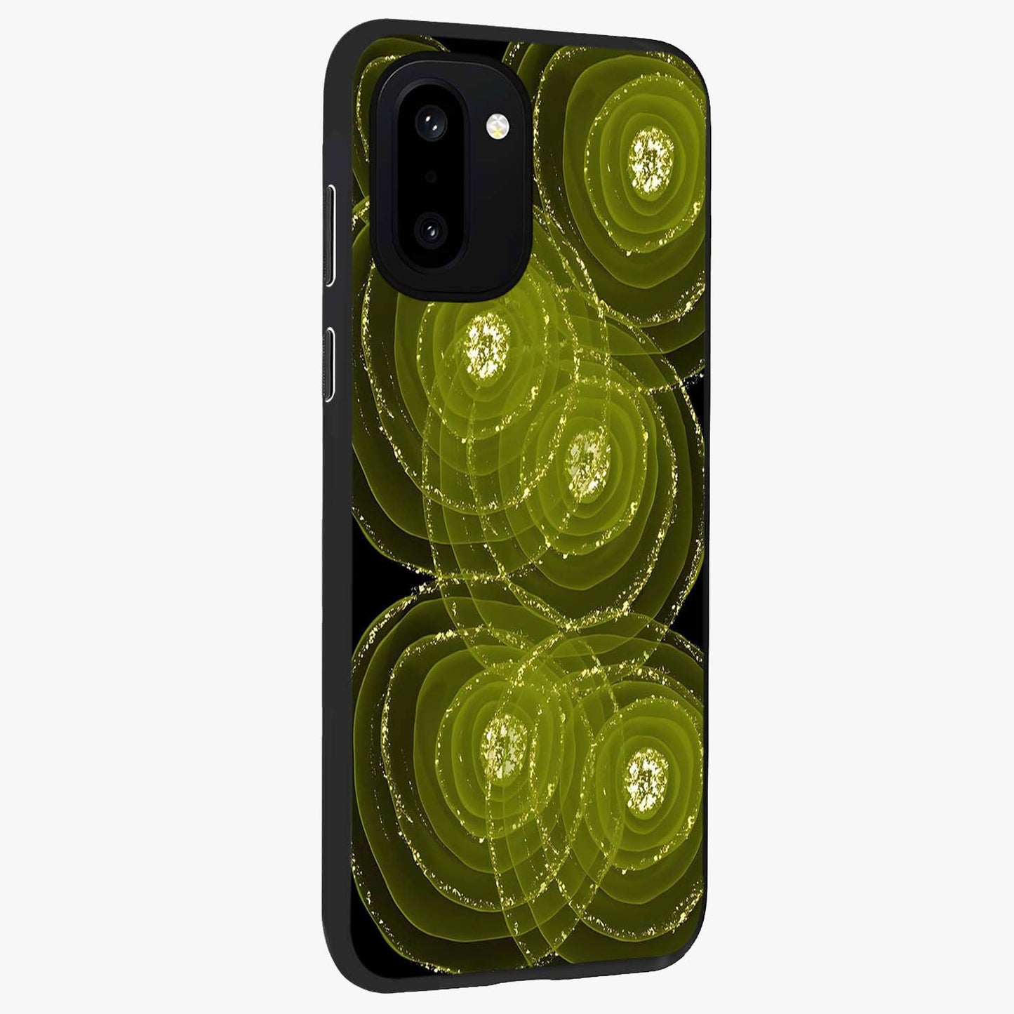 Neon Orbit Bloom Marble Glass Case for 1+15R side perspective highlighting luminous textures and premium edges