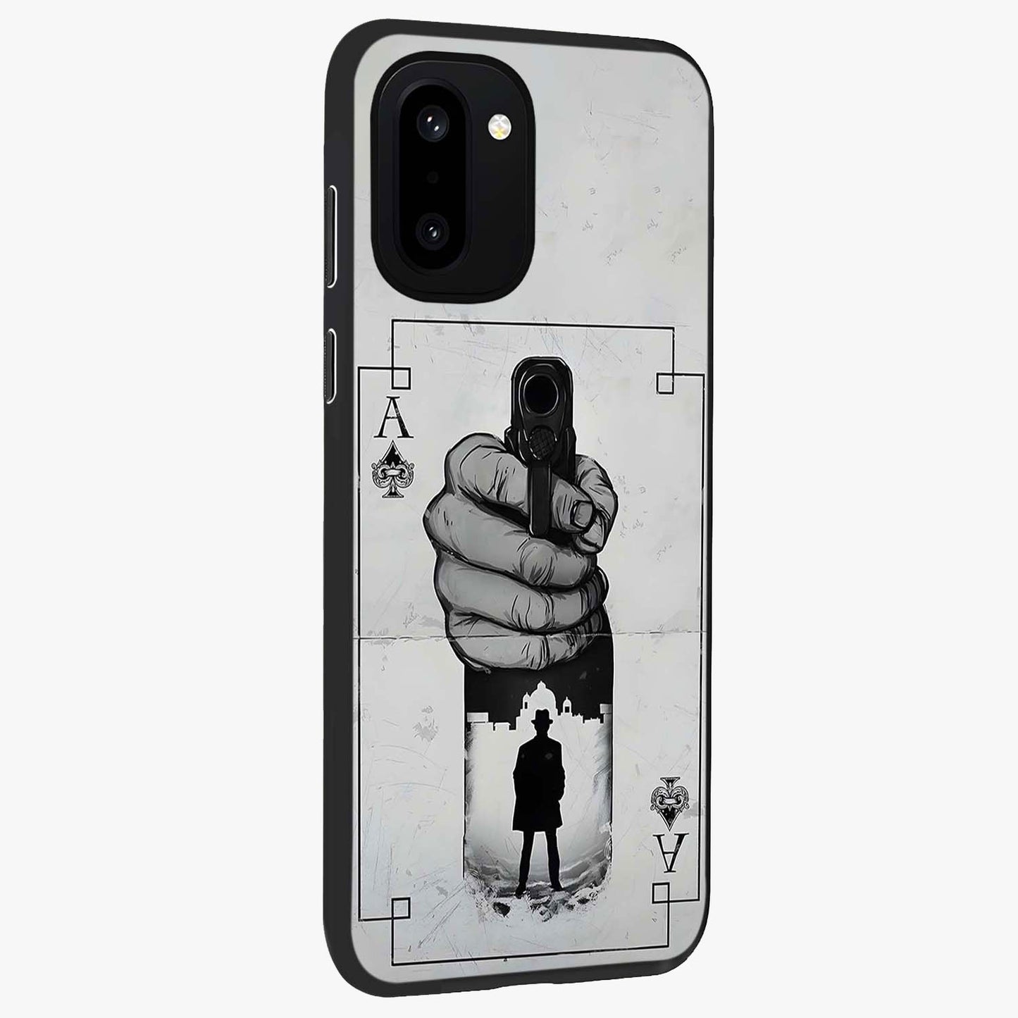 Noir Trigger Fate Glass Case for 1+15R side perspective highlighting strong contrast textures and premium edges