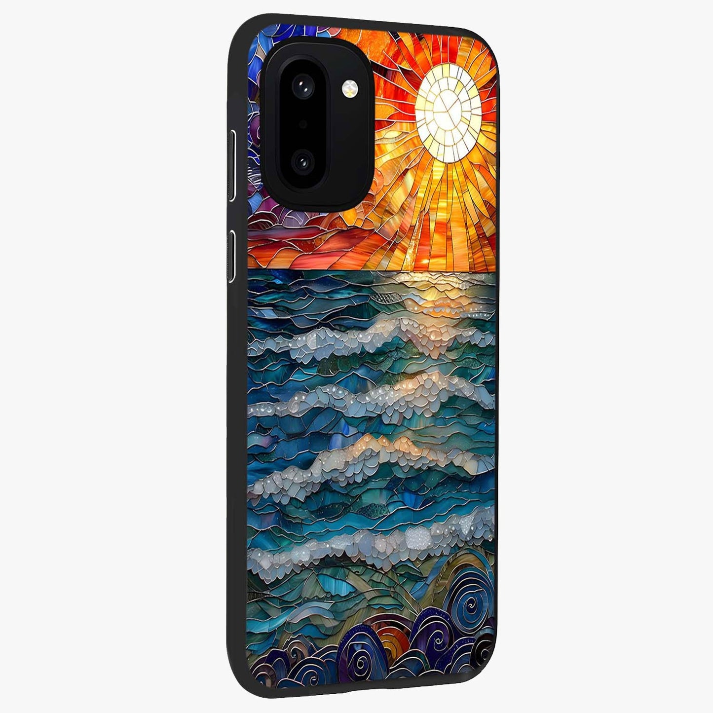 Oceanic Stained Printed Glass Case for 1+15R side perspective highlighting detailed textures and premium edges