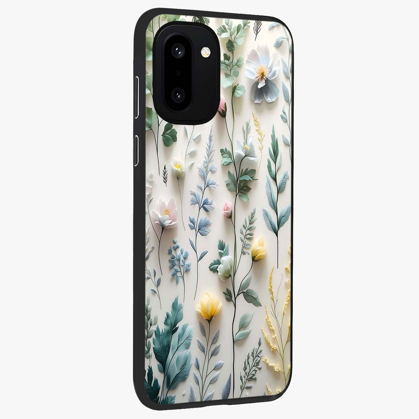 Pastel Garden Whispers Glass Case for 1+15R side perspective highlighting refined textures and smooth build