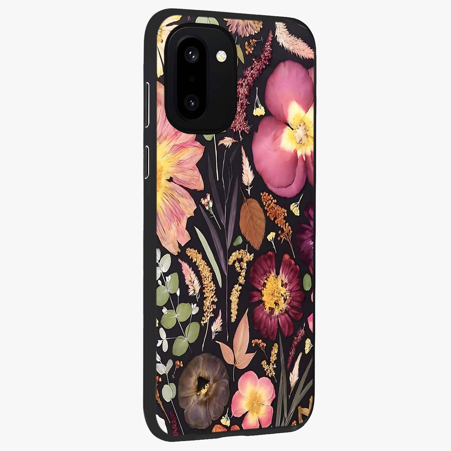 Petal Dream Tapestry Glass Case for 1+15R side perspective highlighting woven floral textures and sleek build