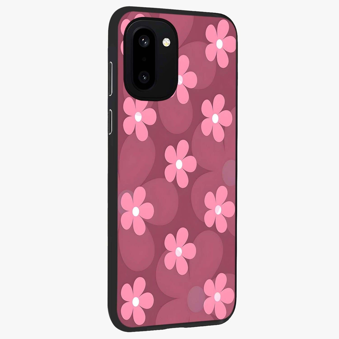 Pink Daisy Flower Pattern Glass Case for 1+15R side perspective highlighting bright floral textures and smooth build