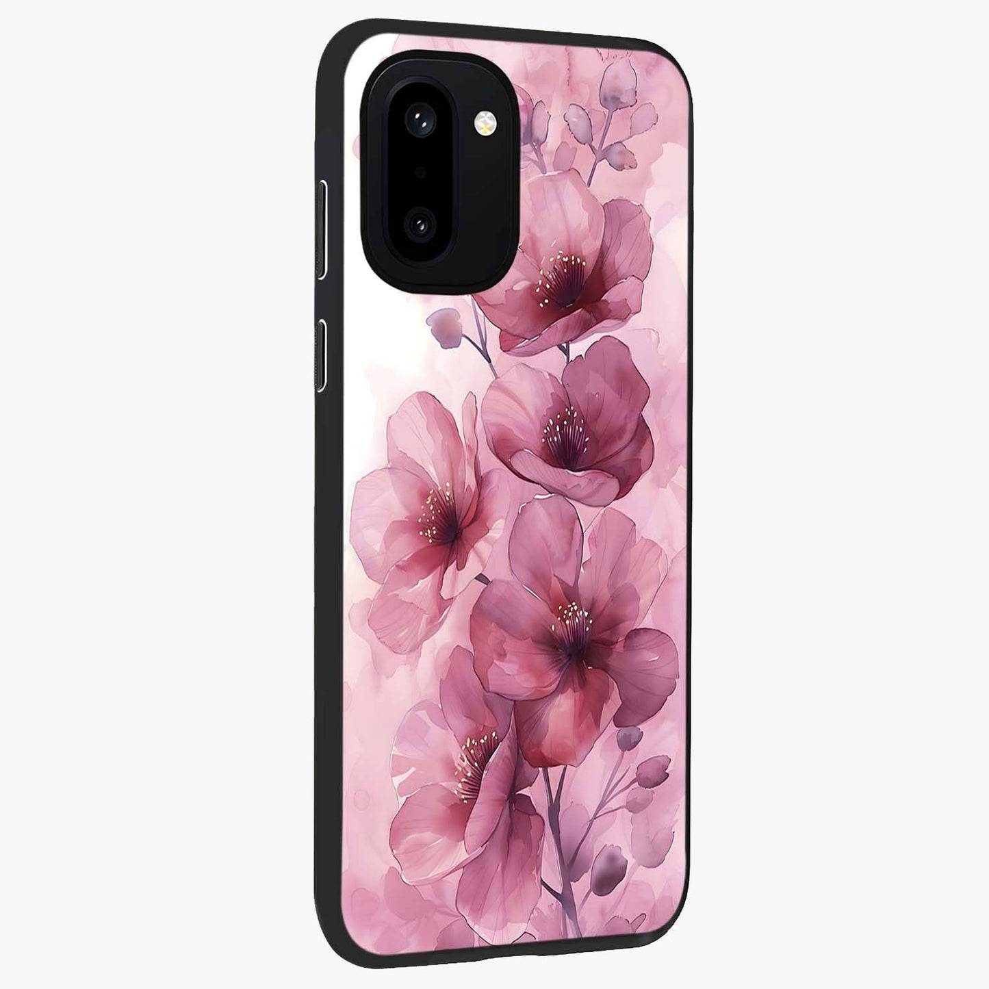 Pink Floral Glass Case for 1+15R side perspective highlighting subtle floral textures and premium edges
