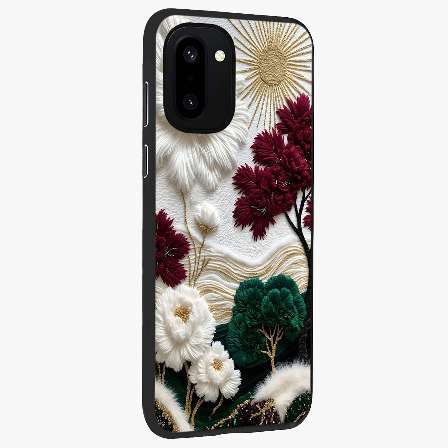 Radiant Bloom Elegance Glass Case for 1+15R side perspective highlighting delicate petal textures and premium edges