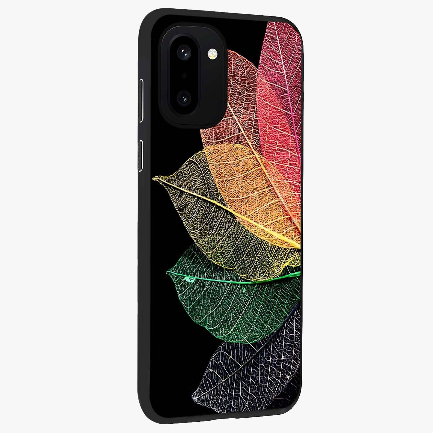 Rainbow Leaf Glow Glass Case for 1+15R side perspective highlighting bright detailing and premium edge finish