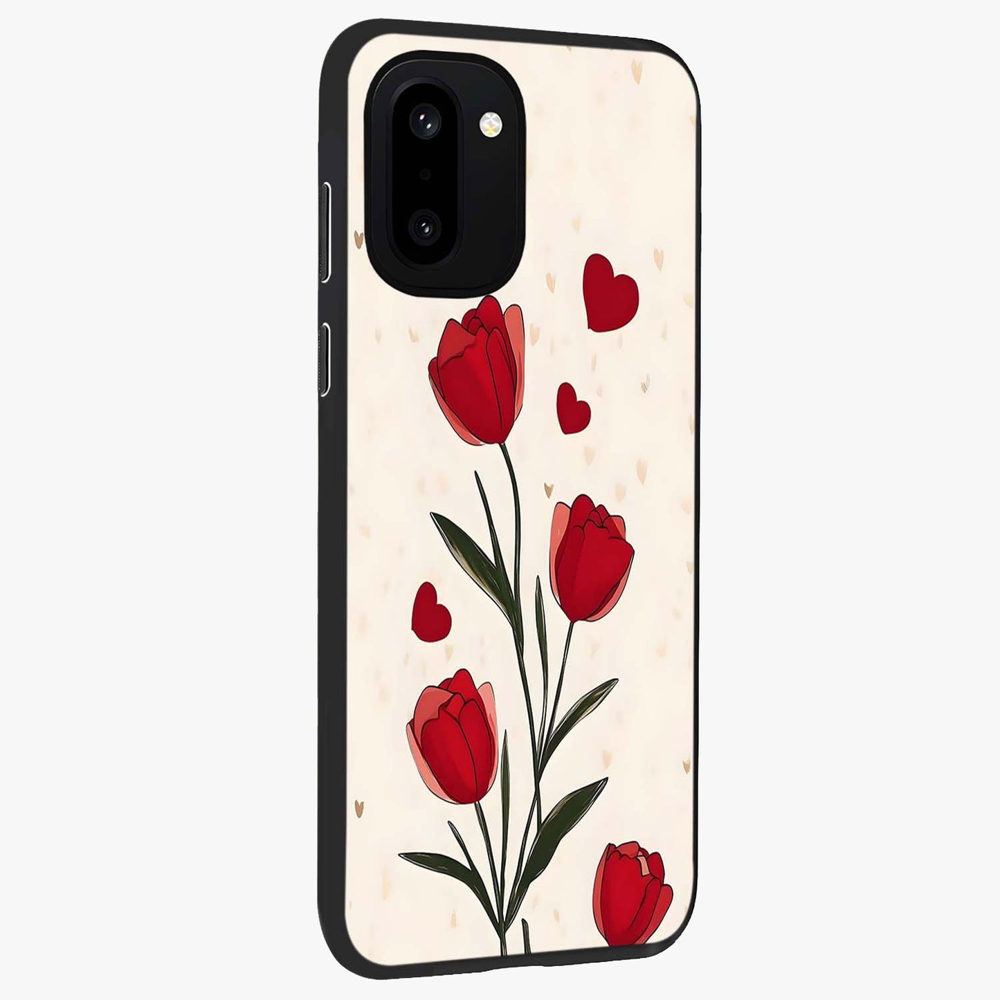 Romantic Tulip Hearts Glass Case for 1+15R side perspective highlighting delicate bloom textures and premium edges