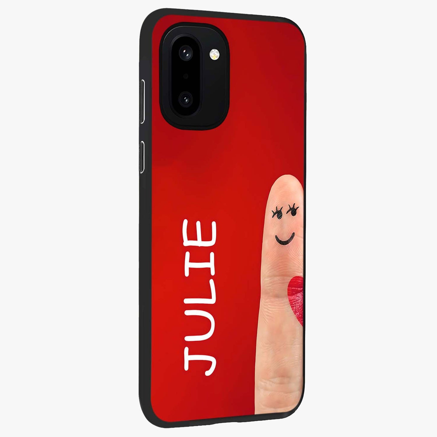 Smiling Love Sign Glass Case for 1+15R side perspective highlighting playful textures and premium edges
