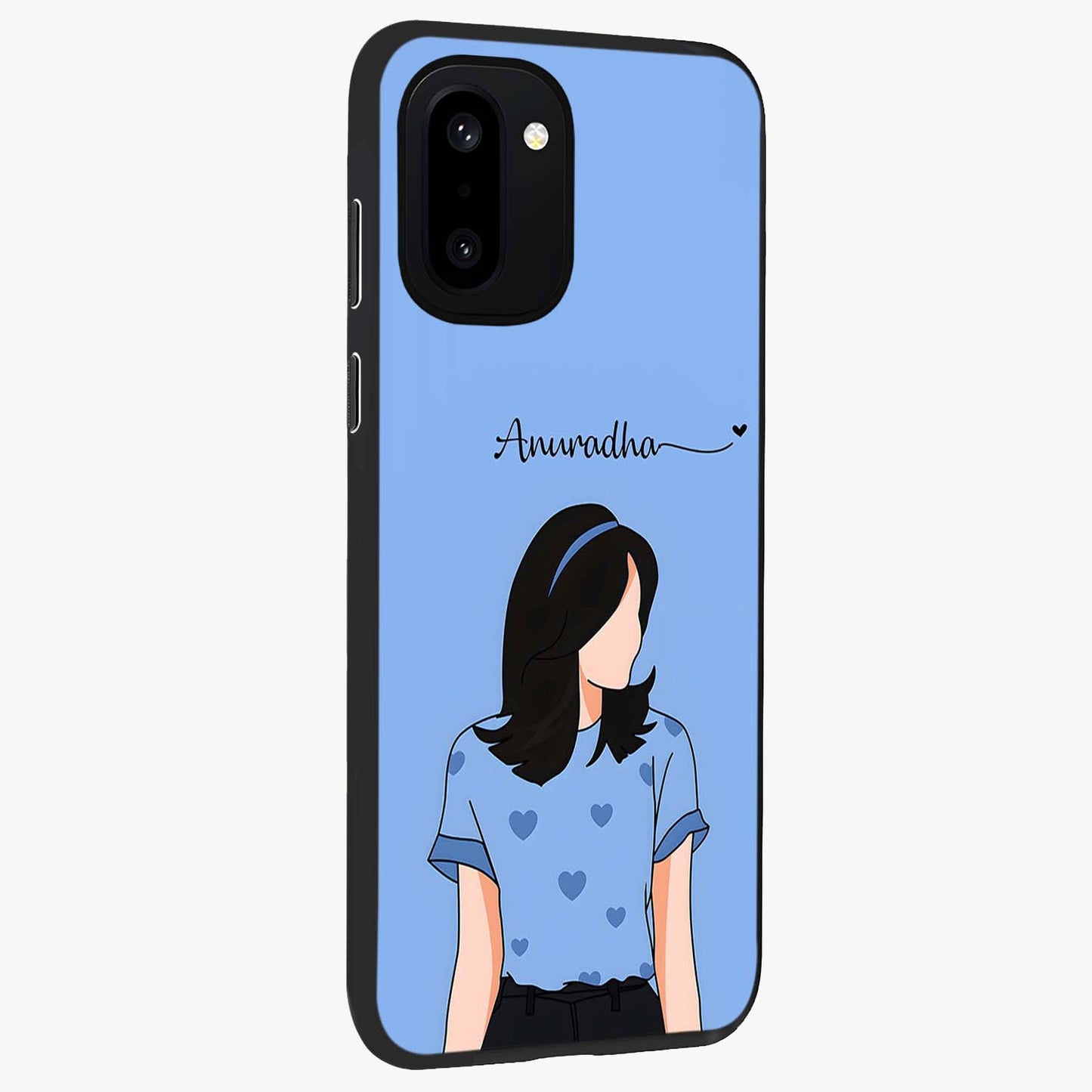 Soft Hearts Girl Glass Case for 1+15R side perspective highlighting delicate illustration textures and smooth build