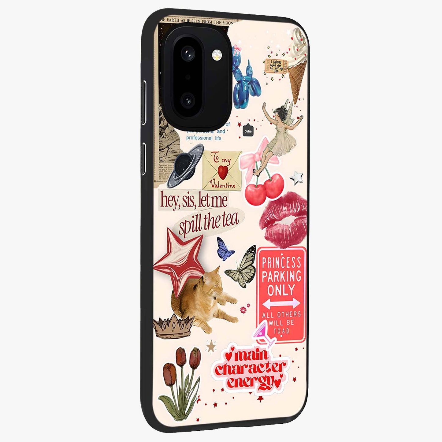 Spill the Tea Retro Collage Glass Case for 1+15R side perspective highlighting layered textures and sleek build
