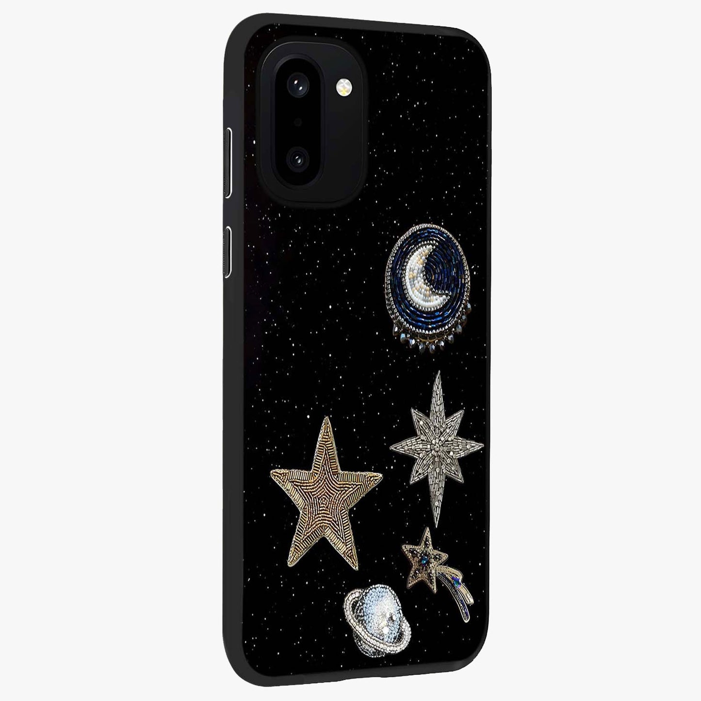 Starlit Cosmic Dreams Glass Case for 1+15R side perspective highlighting luminous textures and premium edges