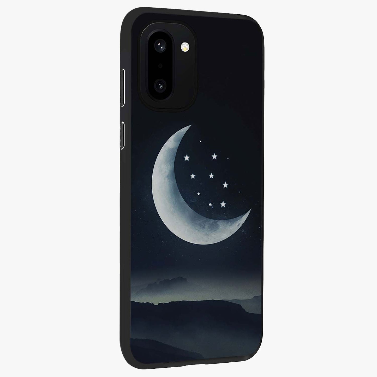 Starry Moon Pattern Glass Case for 1+15R side perspective highlighting celestial textures and premium edges