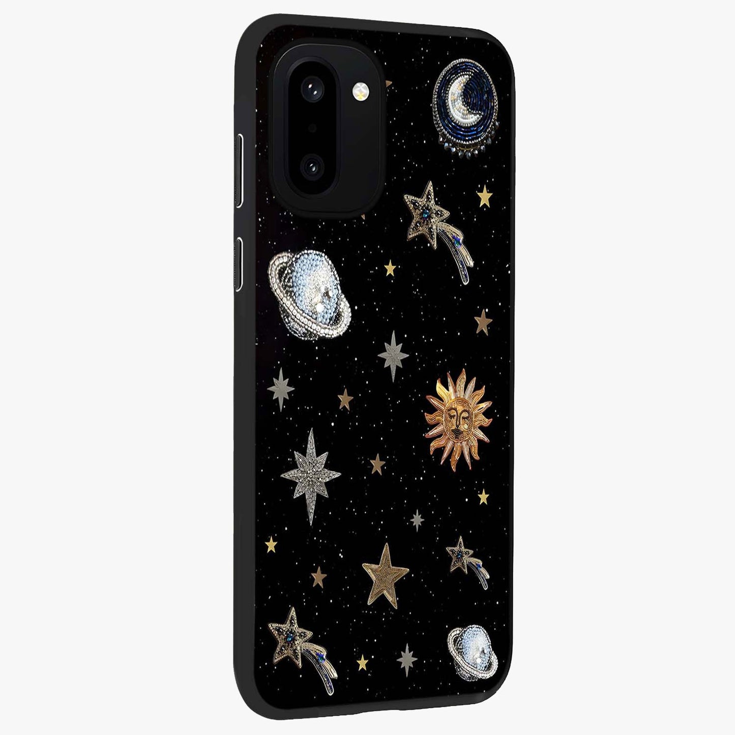 Stars and Planets Brooches Glass Case for 1+15R side perspective highlighting intricate planetary textures and sleek build