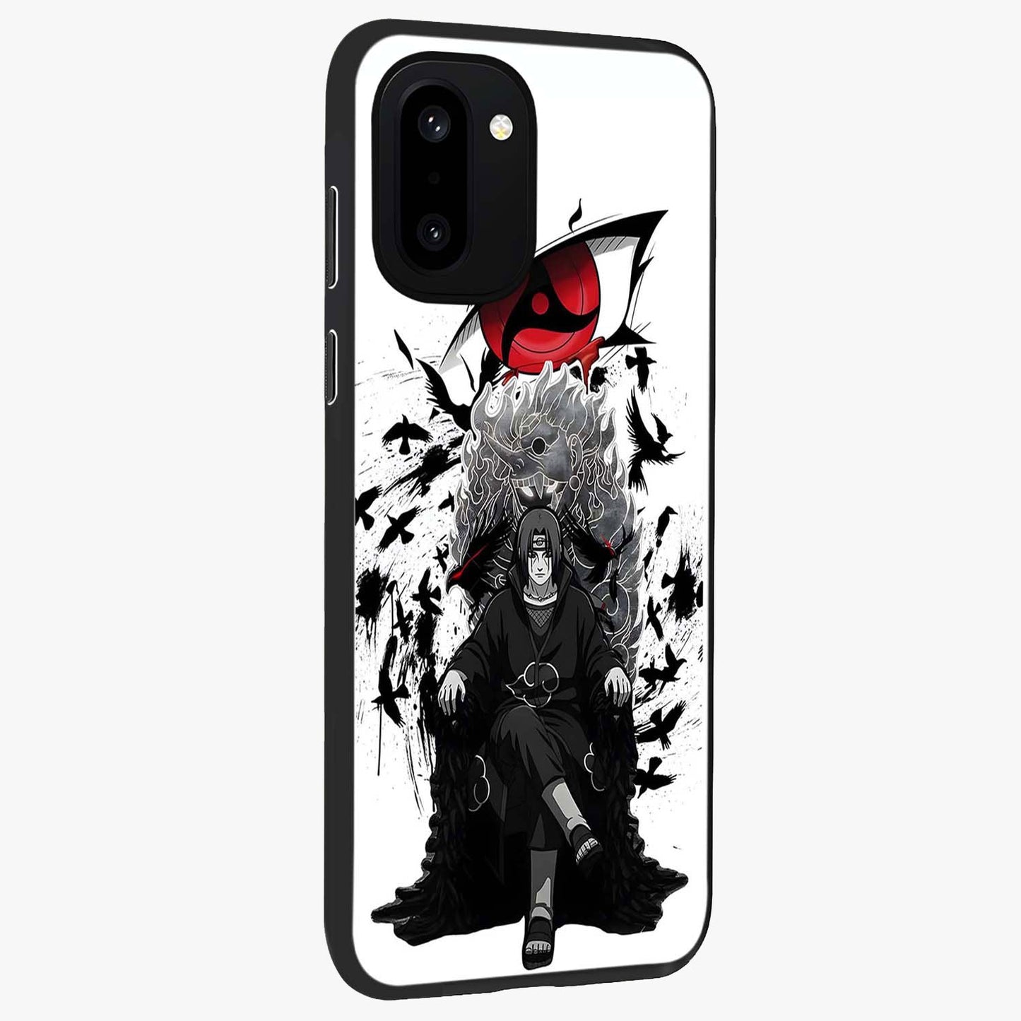 Uchiha Shadow Throne Glass Case for 1+15R side perspective highlighting bold character textures and premium edges
