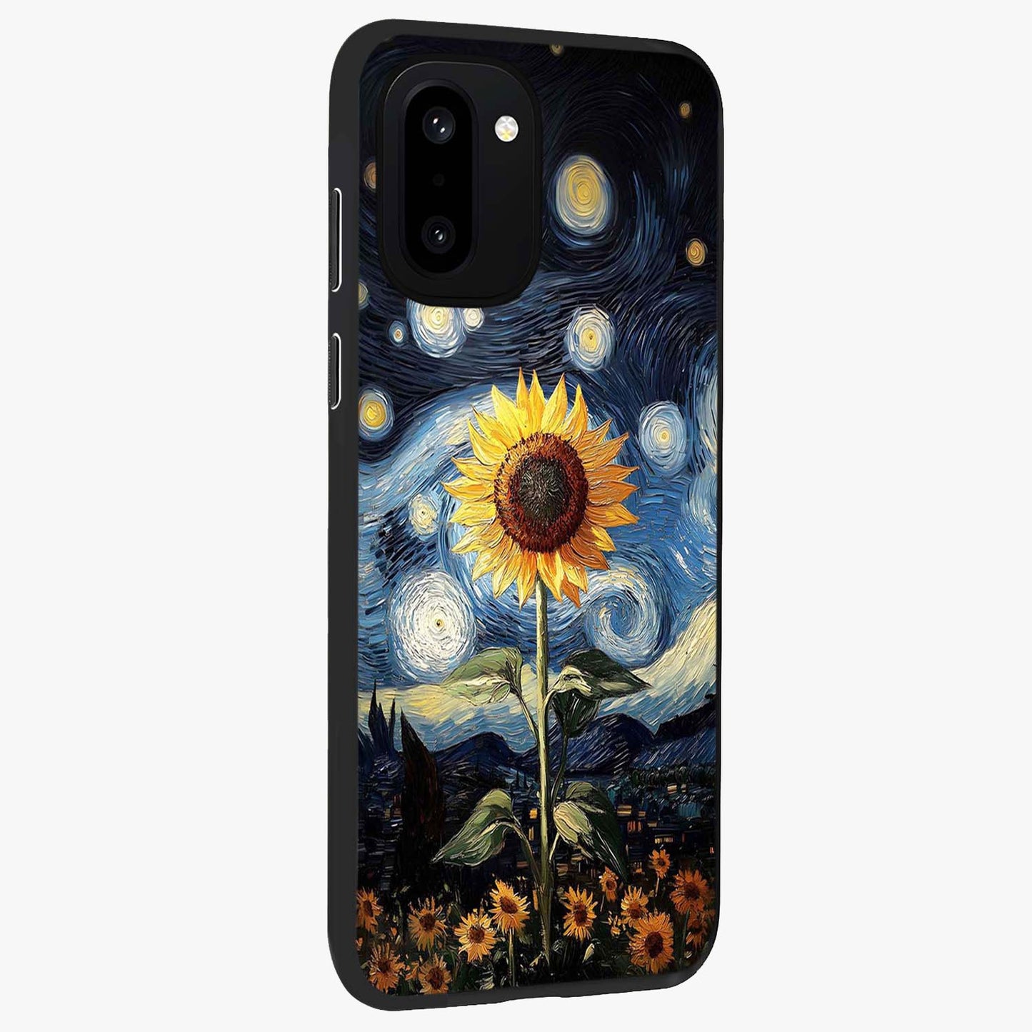 Van Gogh Sunflower Glass Case for 1+15R side perspective highlighting textured brushstroke details and premium edges