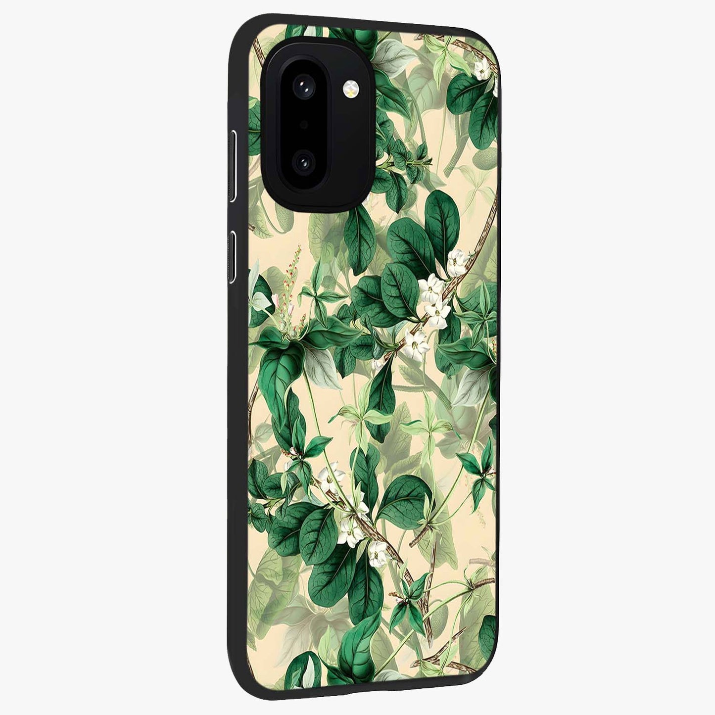 Verdant Garden Whispers Glass Case for 1+15R side perspective highlighting delicate leaf textures and premium edges