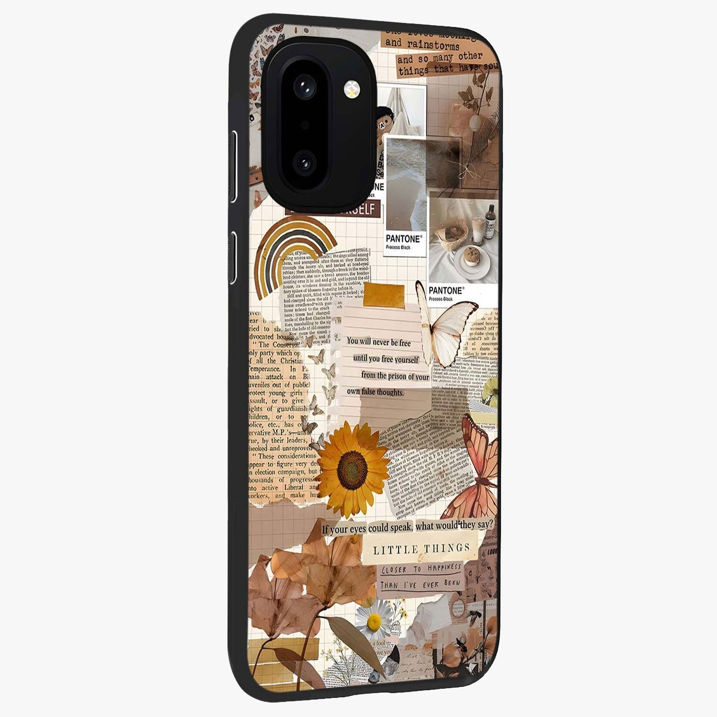Vintage Aesthetic Collage Glass Case for 1+15R side perspective highlighting textured layers and premium edges