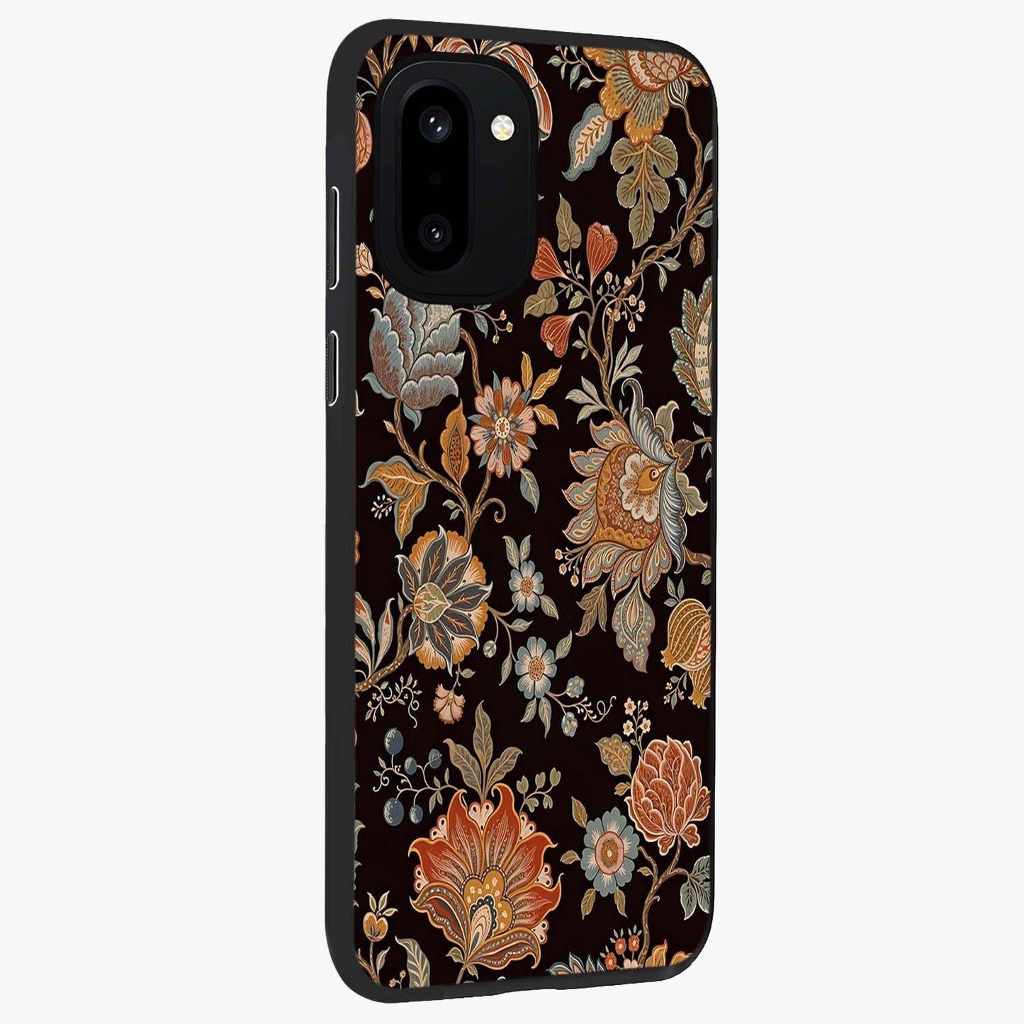 Vintage Floral Dream Glass Case for 1+15R side perspective highlighting delicate textures and sleek premium build