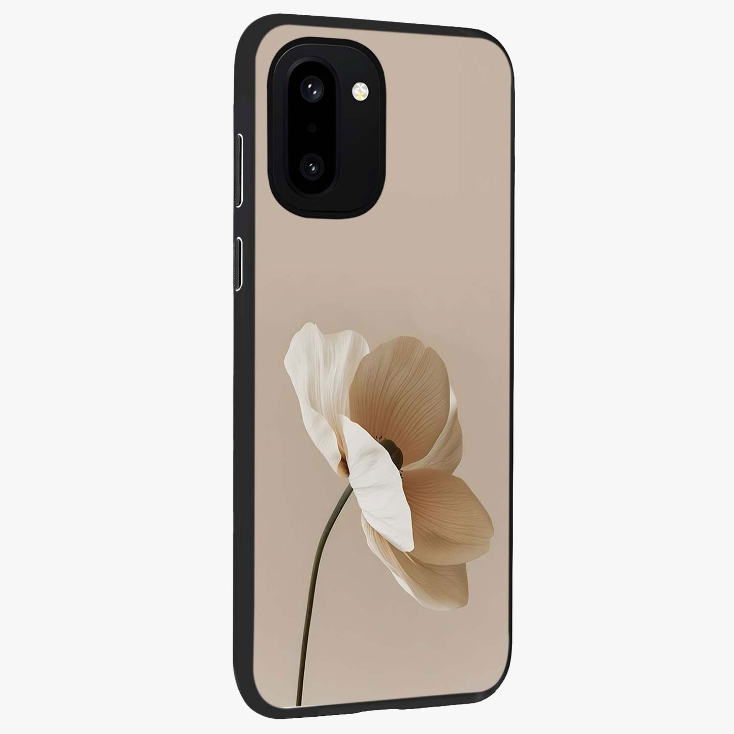 Whispering Petals Glass Case for 1+15R side perspective highlighting delicate petal textures and smooth build