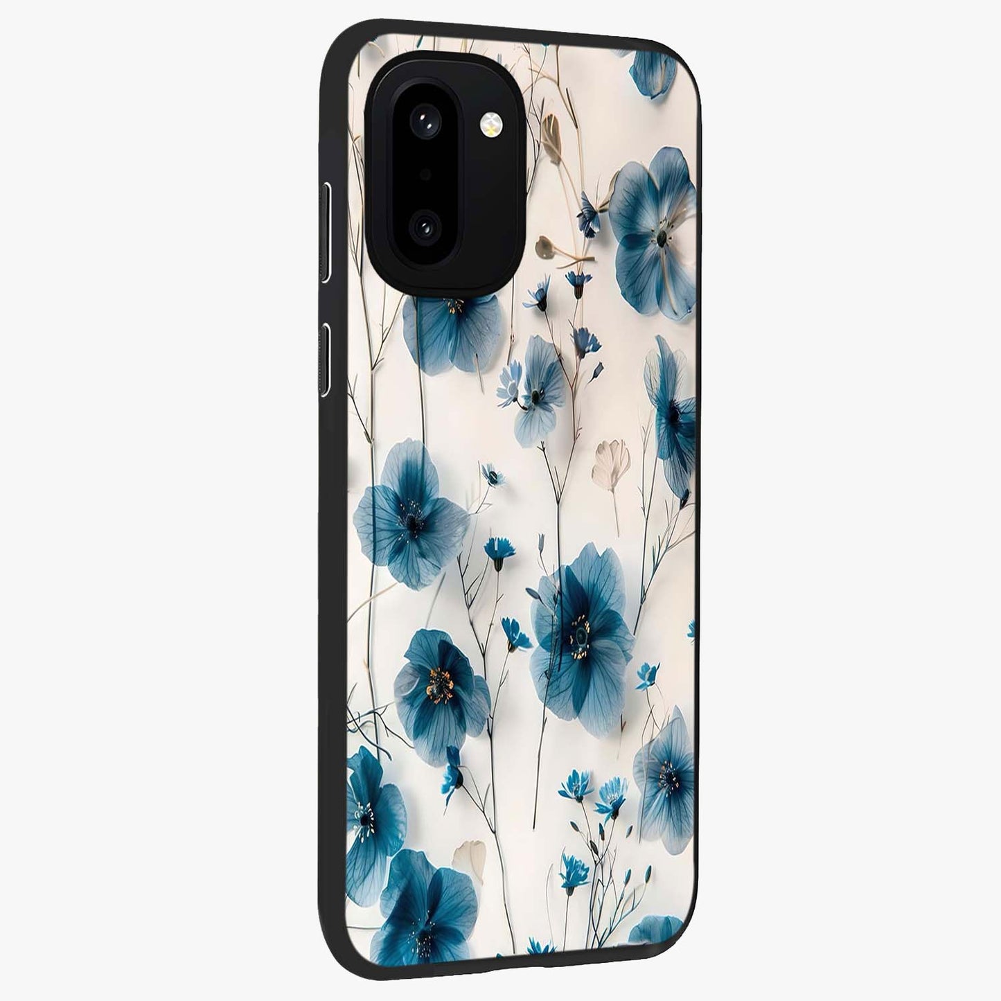 Whispers of Blue Bloom Glass Case for 1+15R side perspective highlighting intricate bloom textures and premium edges