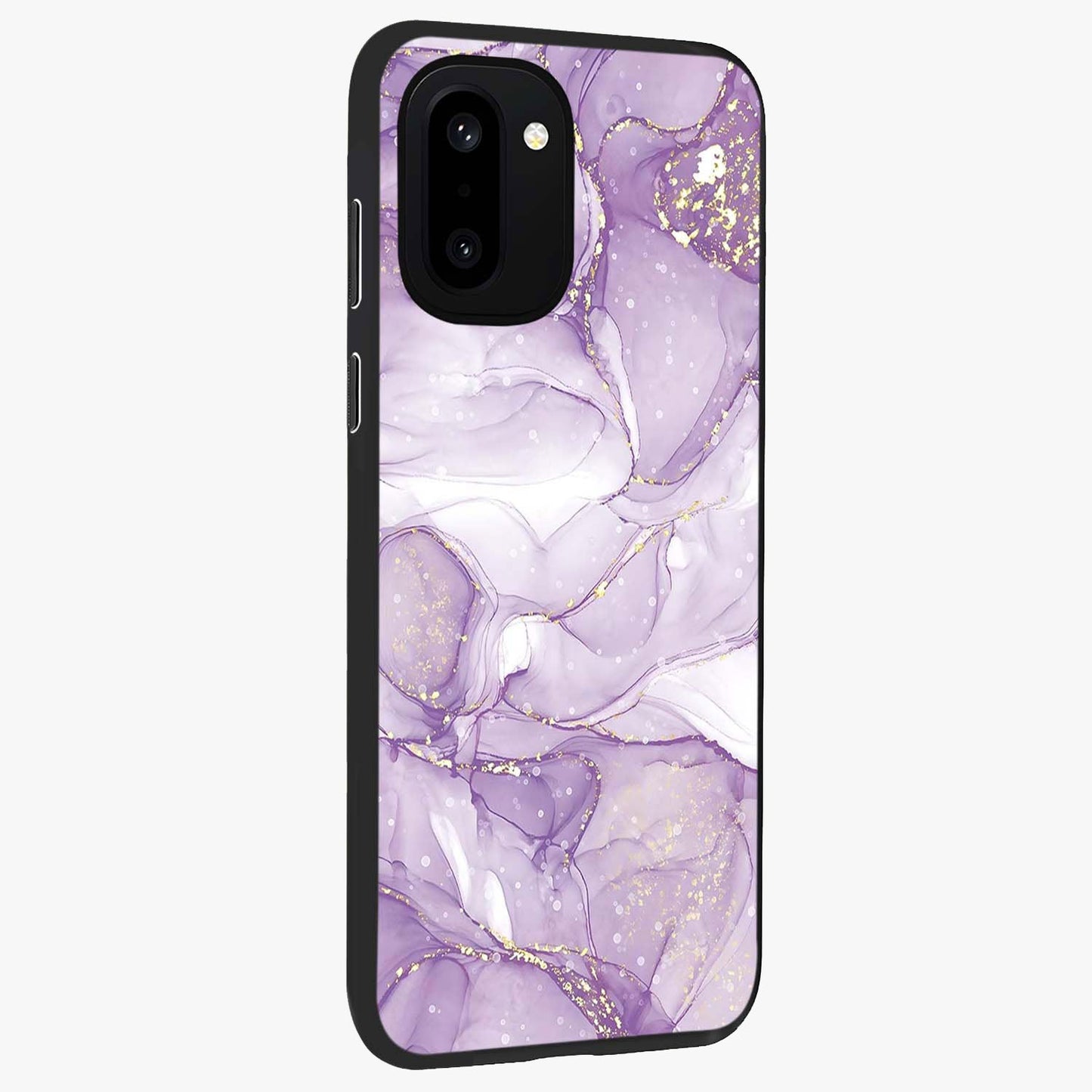 White and Purple Marble Glass Case for 1+15R side perspective highlighting smooth marble textures and premium edges