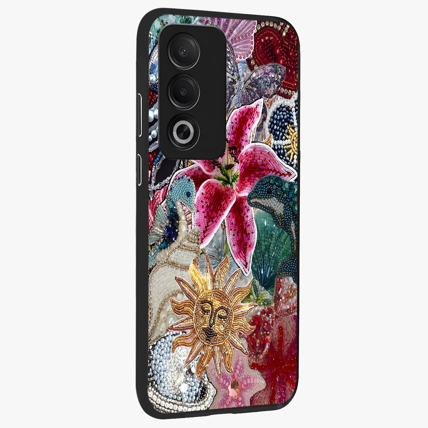 Beaded Garden Fantasy Glass Case upright view showcasing whimsical garden aesthetic with artistic bead details.