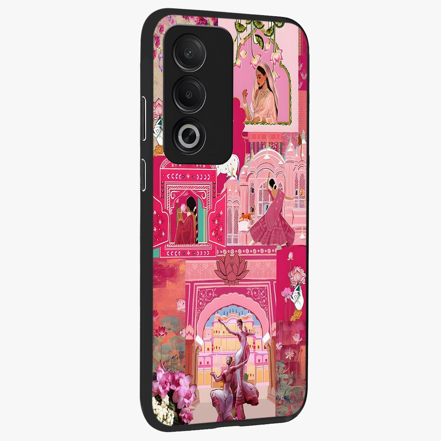 Blossoms of Rajasthan Glass Case upright view showcasing colorful floral design inspired by traditional Indian art.